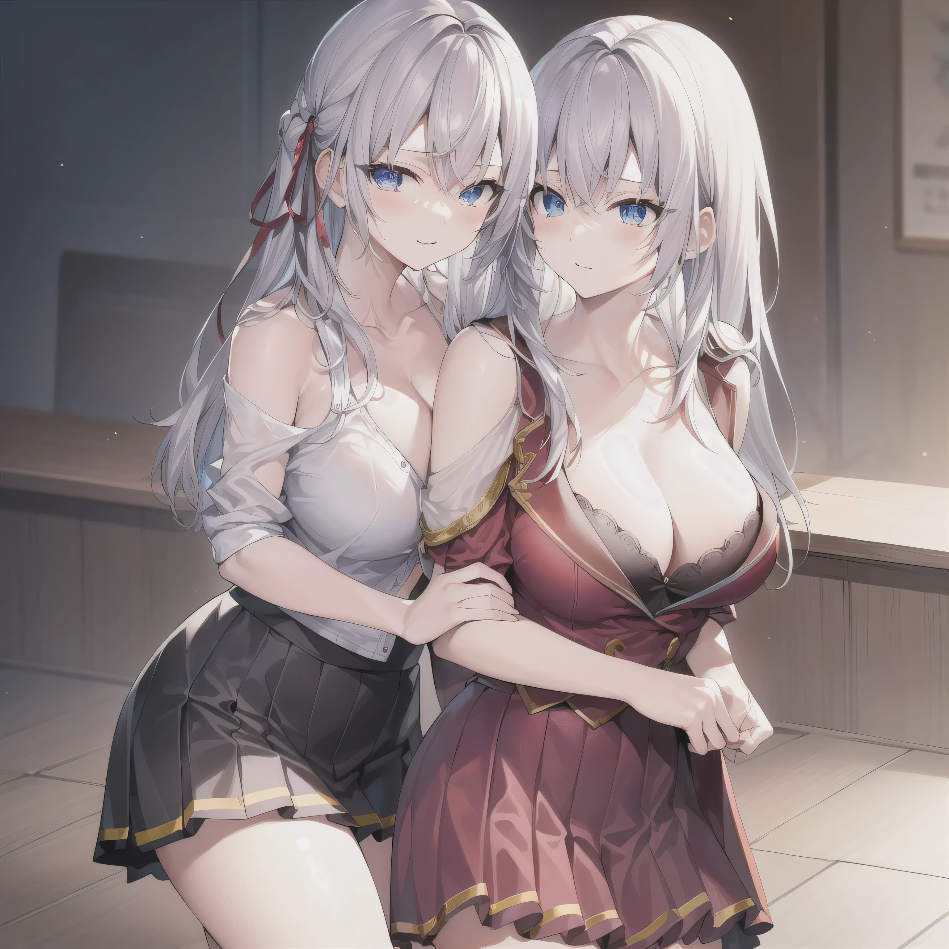 white hair, long hair,( Eye:1.5), (Large Breasts:1.2),
Rest special short skirt, Red skirt, White shirt, Seto Fuku,Low-cut,Open shirt,Close your eyes,black,Cleavage rests while looking at the audience,
Rest indoors, Class break (masterpiece:1.2), best quality, high resolution, Unity 8k Wallpaper, (illustration:0.8), (Beautiful and delicate Eye:1.6), Extremely detailed face, Perfect lighting, Extremely detailed CG, (Perfect hands, Perfect anatomical structure),