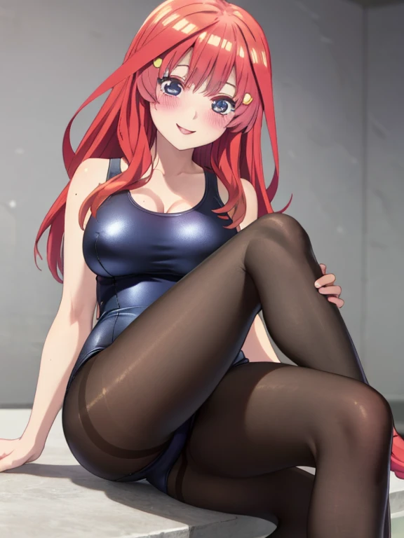 best quality, masterpiece, high quality, insanely detailed, ichika nakano, one-piece swimsuit, breasts, pantyhose, blush, smile, leg spread