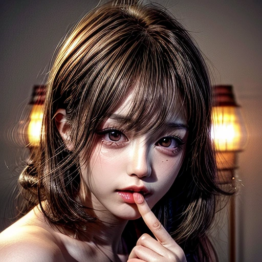 (highest quality,Super detailed,Physically Based Rendering:1.2), Realistic,Portraiture,Beautiful young woman with Delicate facial features,Soft lighting, Vibrant colors, ((Playfully licking finger with tongue, Gently placing a finger in the mouth)), (Close-up shot of sensual lips),Cheeks turn slightly red,A gentle and captivating gaze, cute baby finger . Studio gray background, many blurred colorful Lights (dazzling bokeH) . BREAK . (((NOGIZAKA face variations))) Extremely Detailed very KAWAII face variations, elaborate detailed Eyes with (sparkling highlights:1.2), (Voluminous long eyelashes:0.85)、Glossy RED Lips with beautiful details, Coquettish tongue, Rosy cheeks, Radiant PearlSkin with clear transparency, (Natural:0.8) Detailed FlawlessSkin with glowing DowneyHair . { (Dynamic LifeLike expressions) | :d) }, (large eyes:-1) . mouth_hold