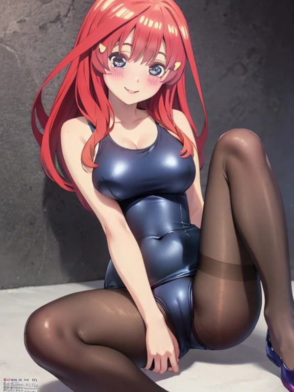 best quality, masterpiece, high quality, insanely detailed, ichika nakano, one-piece swimsuit, breasts, pantyhose, blush, smile, leg spread
