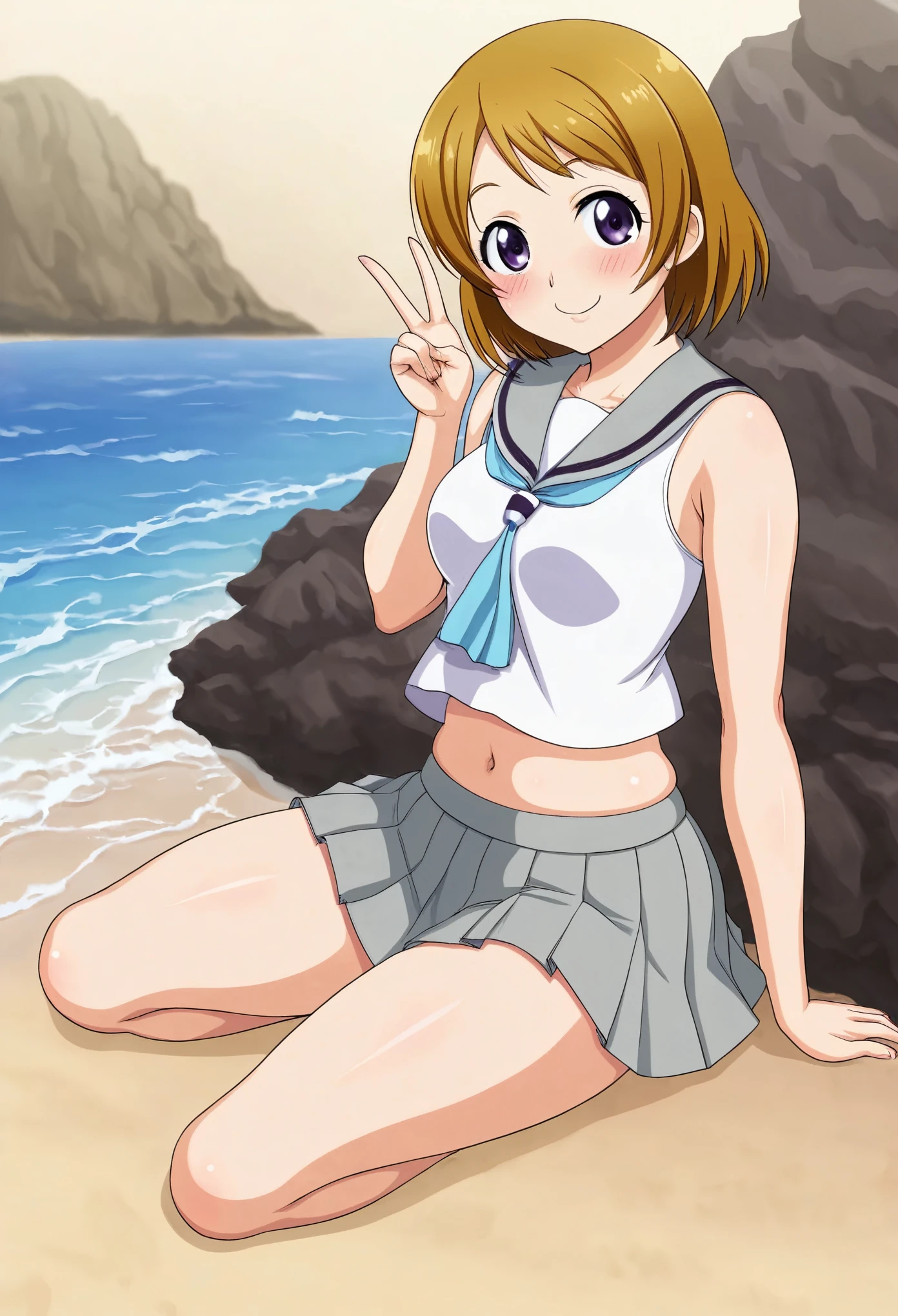 Masterpiece, best quality, 80's anime style,solo , Hanayo Koizumi,purple eyes,blush, smile, skirt, sleeveless, pleated skirt, looking back, serafuku, grey skirt, white top, uranohoshi ,beach, thighs, skindentation , V , Protruding outie navel