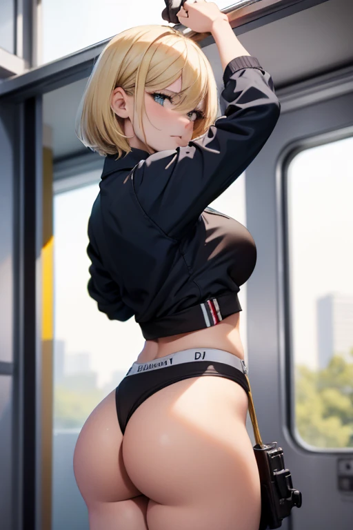 Hermosa chica rubia muy sexy con tetas muy pero que muy grandes, enormes y solo con una camisa blanca abierta y con un tanga tiro de vaquero. And a boy with short hair fucks her from behind, vista frontal