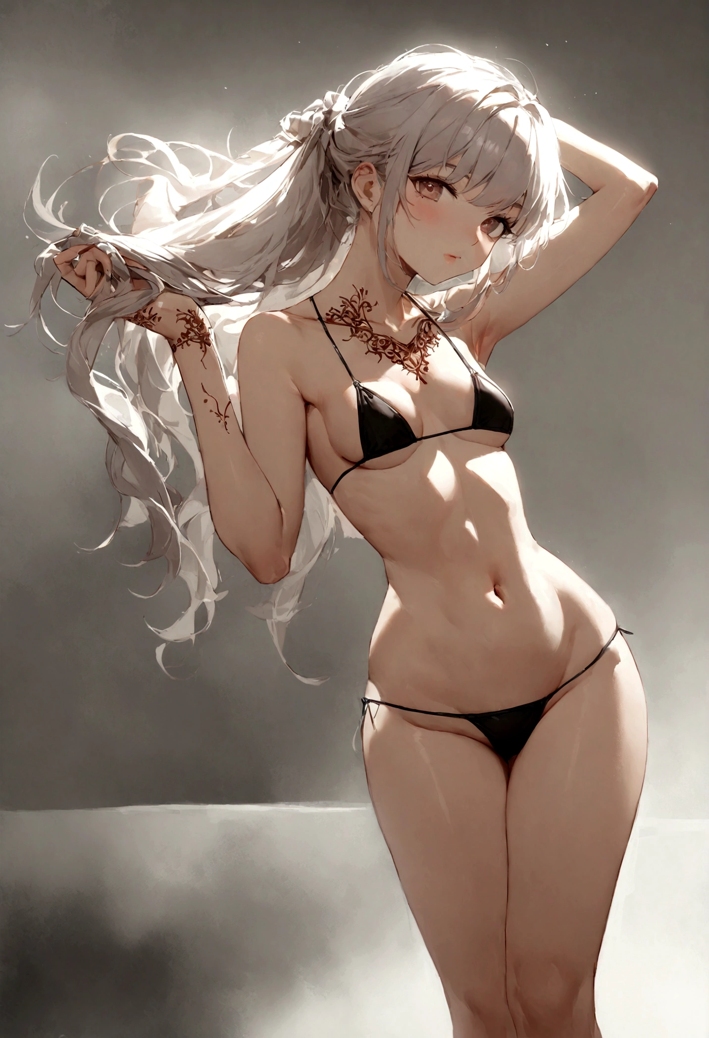 (A sexy Asian woman ?(age 20), (tiny bikini, athletic, big butt, long hair put up in fancy style) she has love poems penned with henna on her back in a artsy font) she is holding her hair up, her back is to the viewer