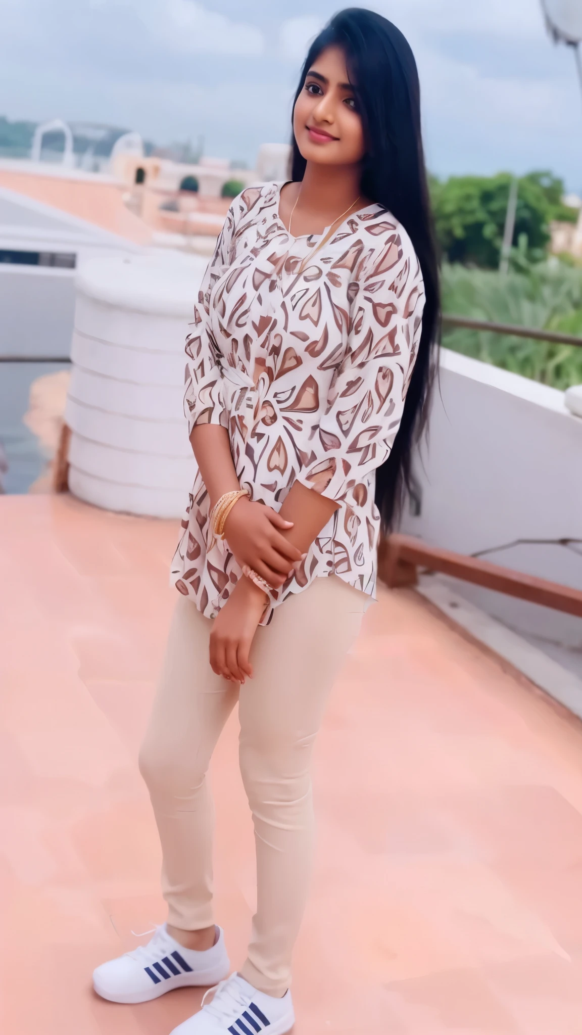 Tamil girl, 20 year old, delicate face, detailed face, beautiful face, adorable face, eyes symmetry, face symmetry, majestic dress, round deep navel, laughing, long hair, (HDR:1.6), vibrant colors, magnificent, grandeur, dramatic, complex harbour background, cinematic, filmy, CGI, full body shot from bottom