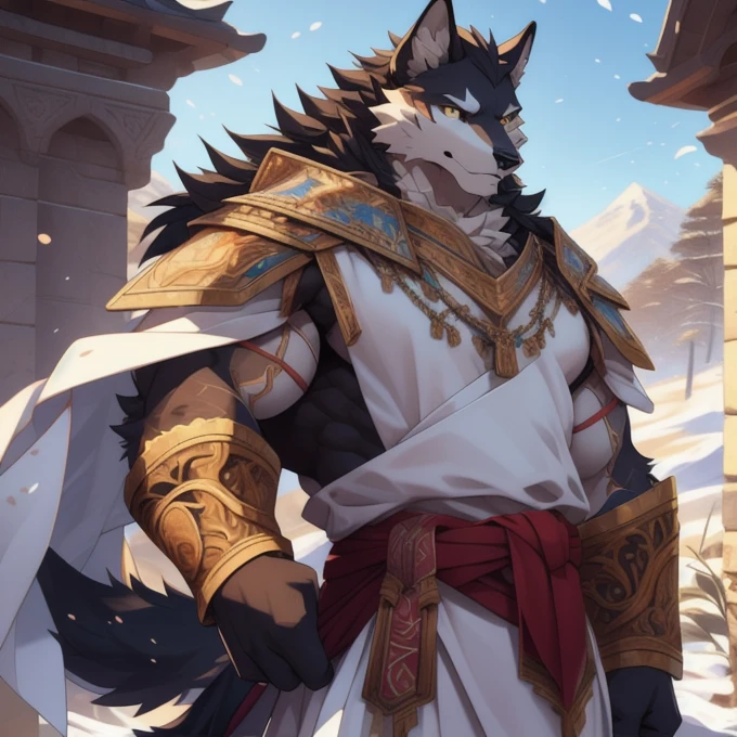 大师masterpiece,western art,lifelike,Furry art!!!,male,Muscle tissue,Perfect body,Higher heights,Anthropomorphic wolf,Fluffy hair,Black fur,Black-faced,White ears, Exquisite eyes,Golden Eyes,White clothes,Decorated in white,Long Sword,Depth of Field,Perfect body,Light Particles,Best quality,masterpiece,Super detailed,Clear focus,Light Particles,Battlefield Background,high resolution,Hairy body,Serious,vitality,Visual vitality,Slash the enemy,Comply with human body structure,Handsome,Holy, muscular, Bodybuilder,