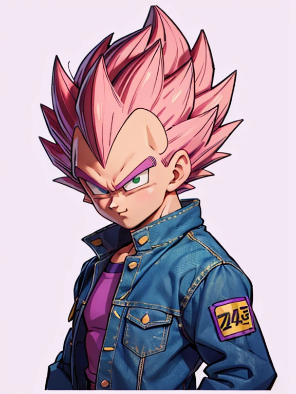 1man, solo, (masterpiece), best quality, ultra-detailed, Vegeta from Dragon Ball Z, super saiyan hair, Retro style, full body. fashion cloth, purple jean jacket, fancy, portrait, upper body, face detail, eyes detail: 1.3, simple background, green eyes, pink shirt, white background.