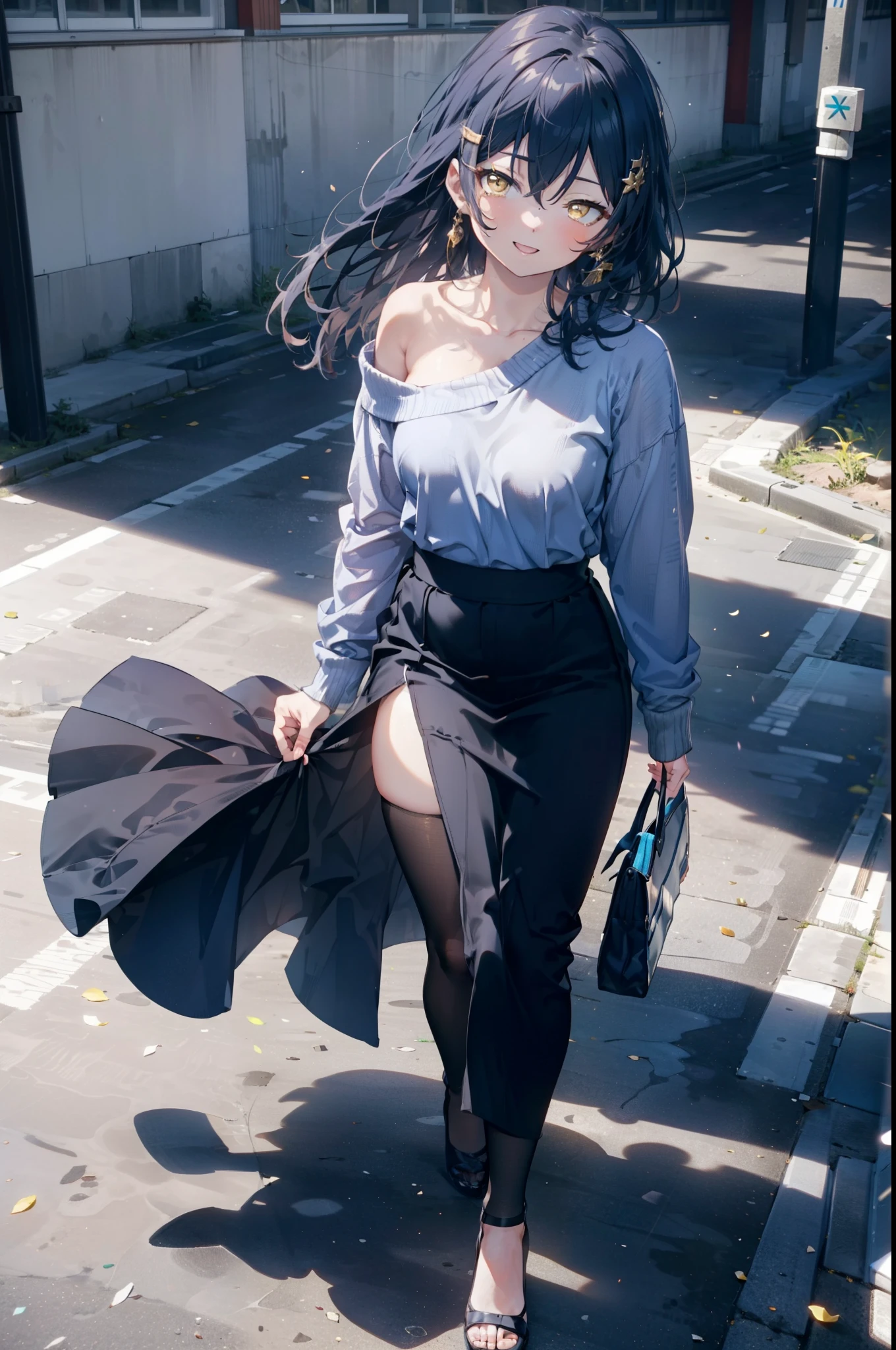 Kamisonoda, Umi Sonoda, Long Hair, Blue Hair, (Yellow Eyes:1.5) (Flat Chest:1.2),happy smile, smile, Open your mouth,One-shoulder sweater,Long skirt,Black pantyhose,Stiletto heels,Daytime,Clear skies,walking,
break looking at viewer,whole body,
break outdoors,School,school gate,
break (masterpiece:1.2), highest quality, High resolution, unity 8k wallpaper, (figure:0.8), (Beautiful fine details:1.6), Highly detailed face, Perfect lighting, Highly detailed CG, (Perfect hands, Perfect Anatomy),
