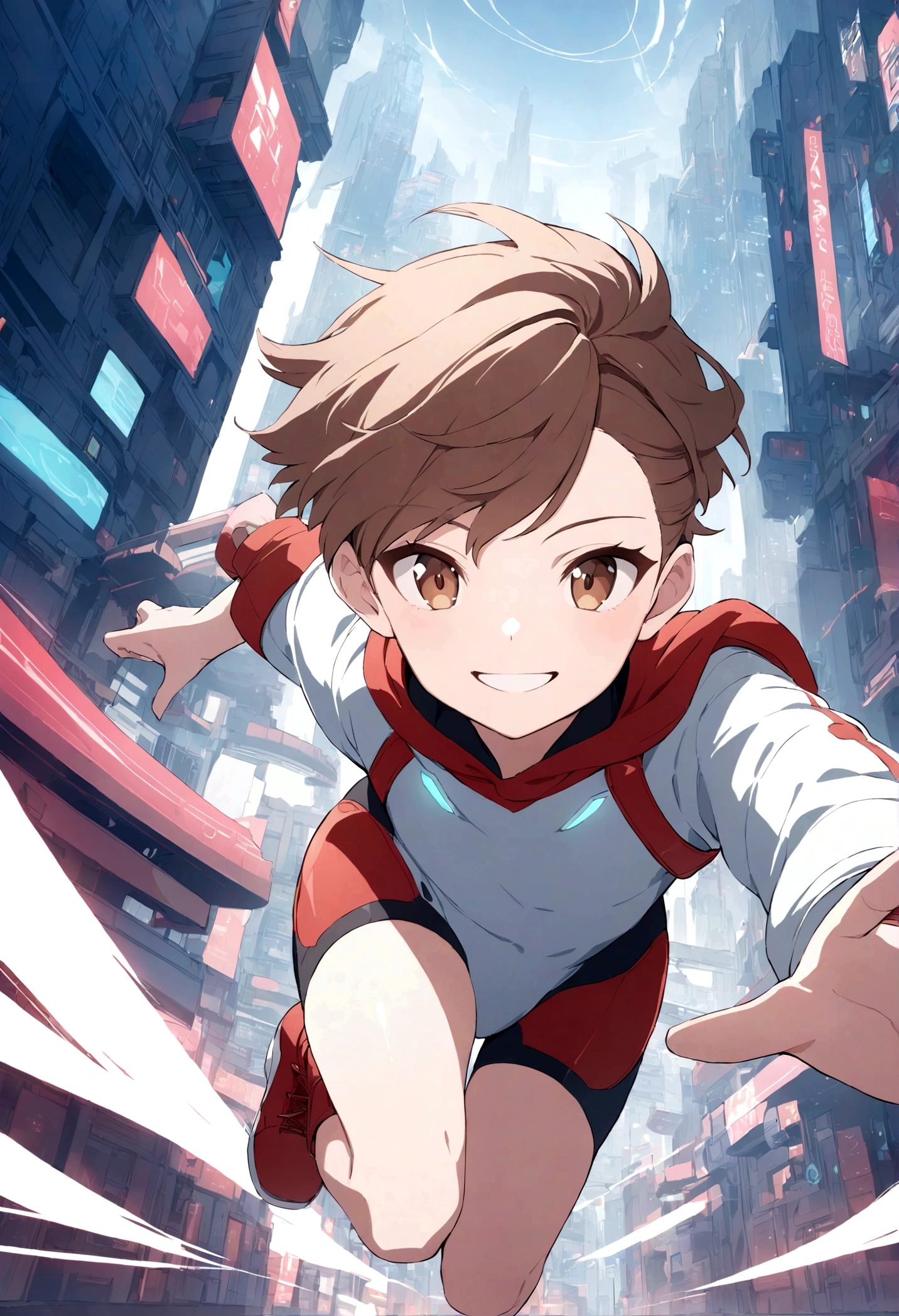 High quality portrait of Astro Boy running towards viewer, short legs, smiling. looking at viewer, Brown eyes, red boots, futuristic city background
