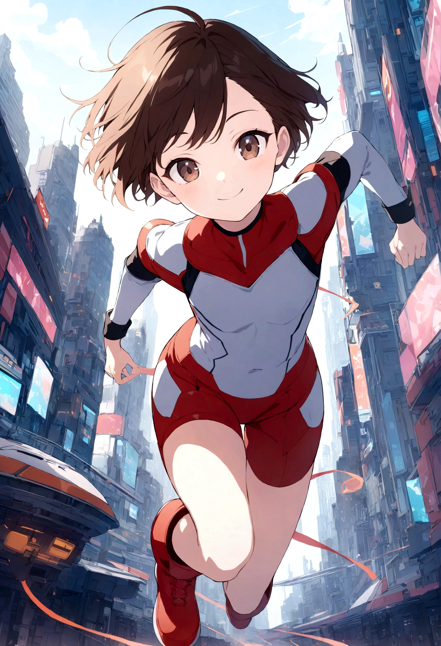 High quality portrait of Astro Boy running towards viewer, short legs, smiling. looking at viewer, Brown eyes, red boots, futuristic city background