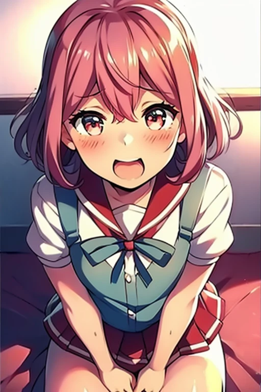 (highest quality,8K masterpiece:1.37),alone, unozuki sak, girl, blush、hair ornaments、Mouth open、Pink Hair、赤い石のhair ornaments、Medium length hair with outward curls、Face-framing bangs、Big eyes, sit astride the big pillow, On the bed, Black panties, Red pleated skirt、Light blue puff short sleeves、White sailor collar、Red ribbon on chest、solo、Small breasts、Short skirt,steam,Sweat, (Uncontrollable joy:1.5), (Heavy breathing:1.2), sunlight, morning, sunlight, (Masturbation:1.2), From above, SFW.