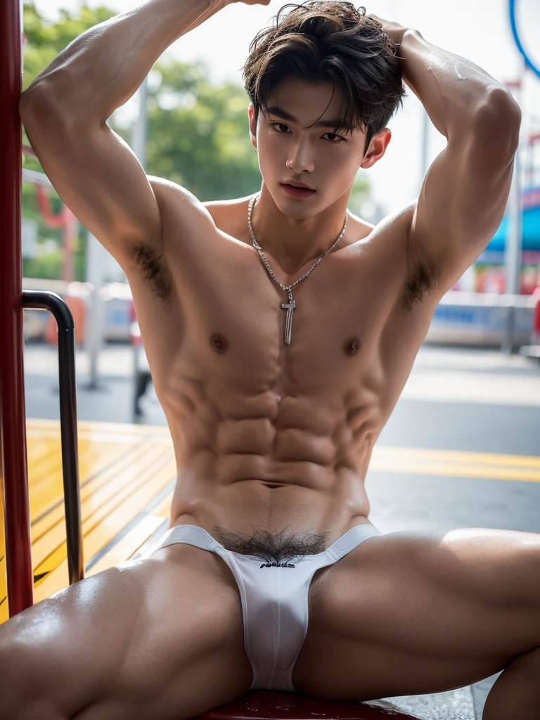 Crowded amusement park, amusement park light, crowded people, Very dirty Stain in his half thong, Very hairy armpits, Very detailed finger, don't merge body, Very young boy, ager boy, (photorealistic, masterpiece, best quality), white pale skin, muscular man, hunk, charming, attractive, wearing necklace in his neck, completely naked , Realistic, fully naked, nude, perfect , male , modeling for a photoshoot, editorial style, handsome man, detailed face, Very crowded classroom, Topless, shirtless, 17 y, very young boy, Cinematic soft lighting illuminates a stunningly detailed and ultra-realistic handsome korean male supermodel, short hair, clear honey eyes, captivating perfect smile, sensual, hot man, insanely handsome, showing off his sweaty body, very sixpack muscular body build, slender, toned, full body, 8k, photography, masterpiece, detailed face, detailed eyes, detailed hands, in the crowded festival showing off his very bushy hairy armpits, sitting, spread legs, only wearing half thong, very wet body, very sweaty body, amusement park background, amusement park scenery, wearing thin half thong