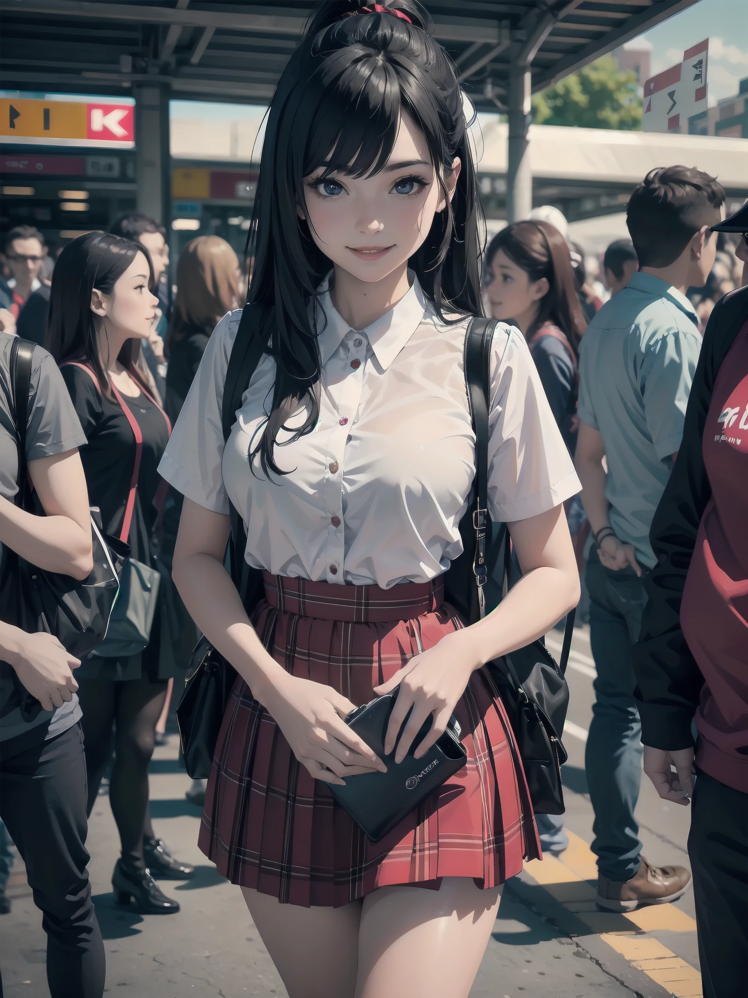 Masterpiece, high quality, high resolution, semi-realistic, 2.5D, perfect anatomy, super-detailed and detailed illustrations, sfw,
Subject: pretty, crowd.
Subtitle: {long black hair in ponytail}, {red checked skirt and white blouse}, {smiling in crowd}, {station platform}, {glowing smile}, {high sensitivity camera, f/1.4, 1/500 sec, ISO 800, subject tracking auto focus}
A beautiful girl with long black hair pulled back in a ponytail stands on a busy station platform. Wearing a red checked skirt and white blouse, she smiles at the crowd. Her radiant smile is so attractive that it makes you forget the hustle and bustle of the surroundings. In the background, hurrying commuters come and go, giving the city a lively atmosphere. Shot with a high-sensitivity camera at f/1.4 aperture, shutter speed 1/500 s at ISO 800, the beautiful girl is clearly captured in the crowd by the subject tracking autofocus function. The blurring of the people in the background makes her stand out as if she were in the spotlight.