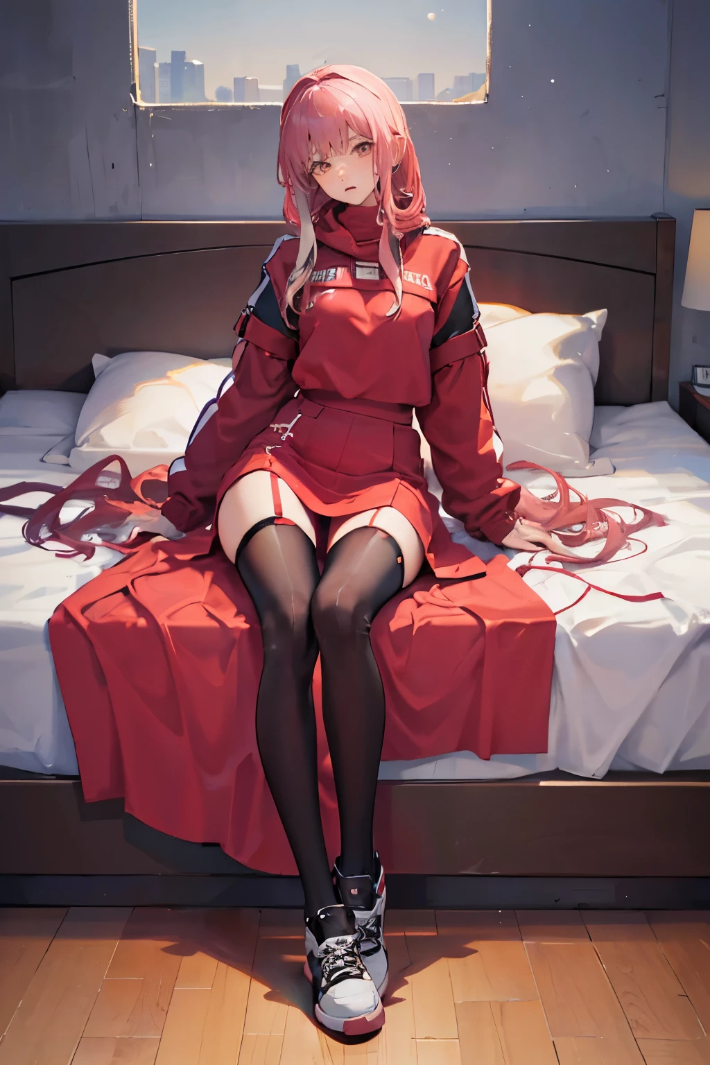 Beauty all over the body，Long legs，Tall and tall， in red sweater，black lence stockings，athletic sneakers，a skirt，sitting on bed, tentacles around her, latching onto hrr