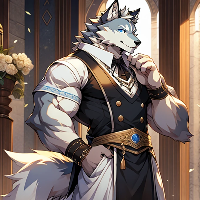 masterpiece, best quality, fine details，Pure white wolf，Light blue eyes，Warwind Butler set，Confident eyes，Seductive pose，Smile，There are muscles but not much