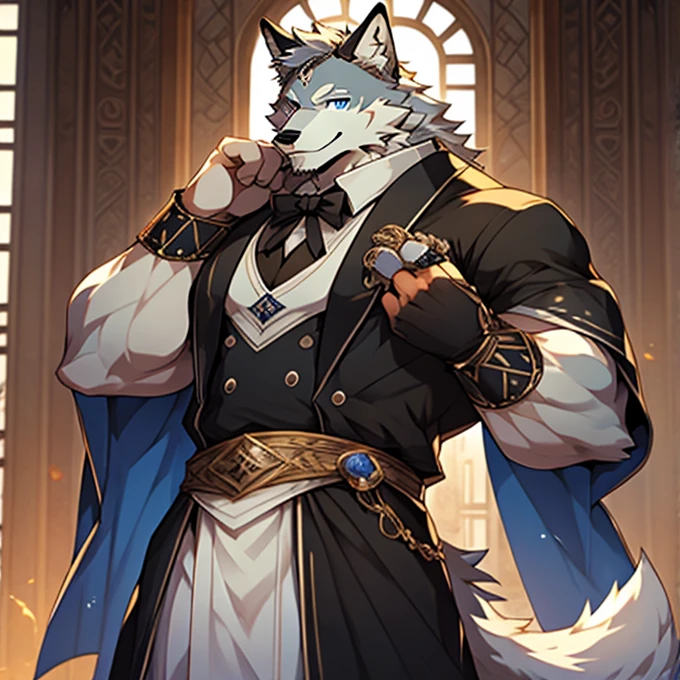 masterpiece, best quality, fine details,Pure white wolf,Light blue eyes,Warwind Butler set,Confident eyes,Seductive pose,Smile,There are muscles but not much