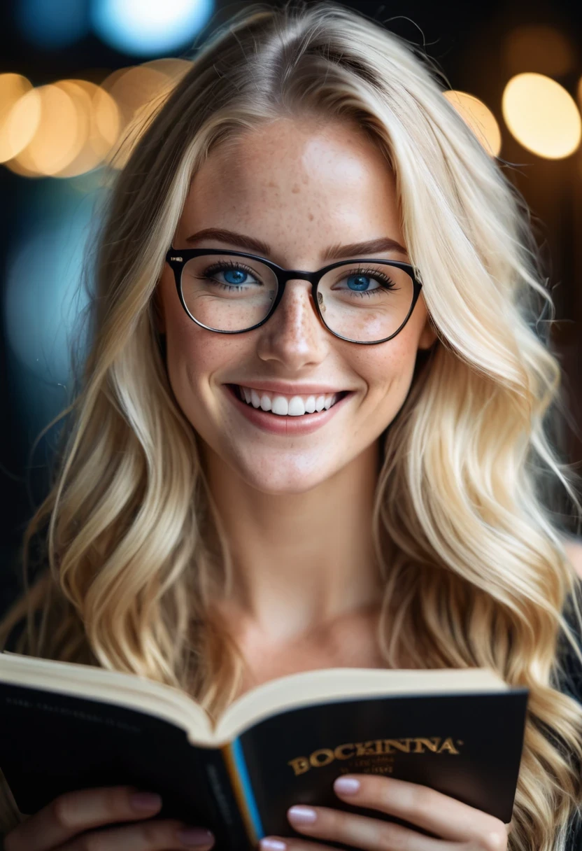 cinematic photo beautiful lady,(freckles:0.9),big smile,blue eyes,long blonde hair,reading glasses dark makeup,hyperdetailed photography,soft light,head and shoulders portrait,cover,cinematic photorealistic,8k uhd natural lighting,raw,rich,intricate details,key visual,atmospheric lighting,35mm photograph,film,bokeh,professional,4k,highly detailed . 35mm photograph,film,bokeh,professional,4k,highly detailed