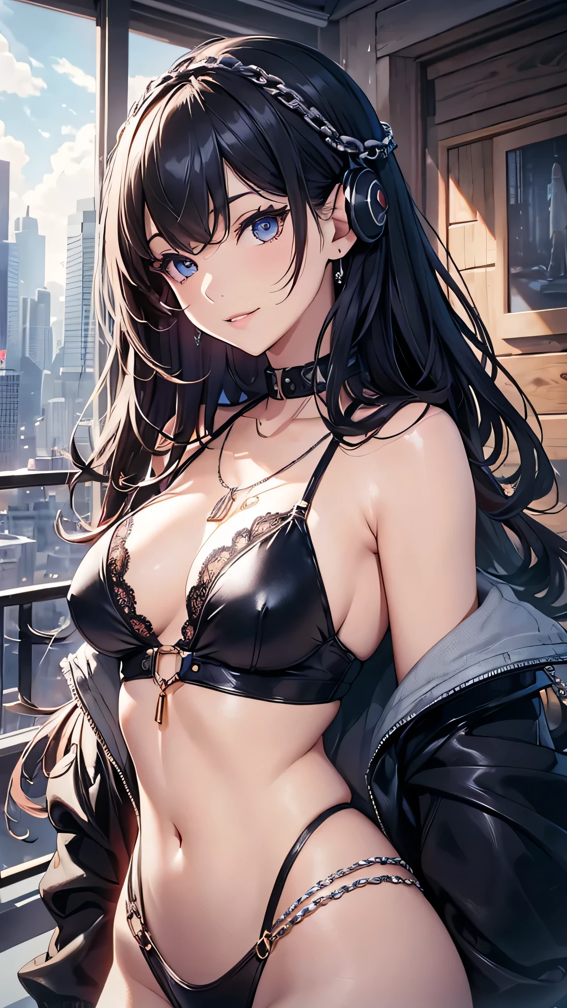 Highest quality、Highest quality、Masterpiece、girl((20-year-old、as soon as、Highest Bust、Medium Bust、Wide open chest、Red glowing eyes、Dark blue hair、Disheveled Hair、Loincloth、thin、The best valley、Open chest、hair ornaments、Full body view、White see-through dress、Random Pause、smile、headphone、Chain Accessories、necklace))、high quality、Beautiful Art、background((Digital World))、Depth((Earth))、flight、Flying Debris、Depth of text、movie、Visual Arts、Perfect Art、8K、Genuine、Special Angles