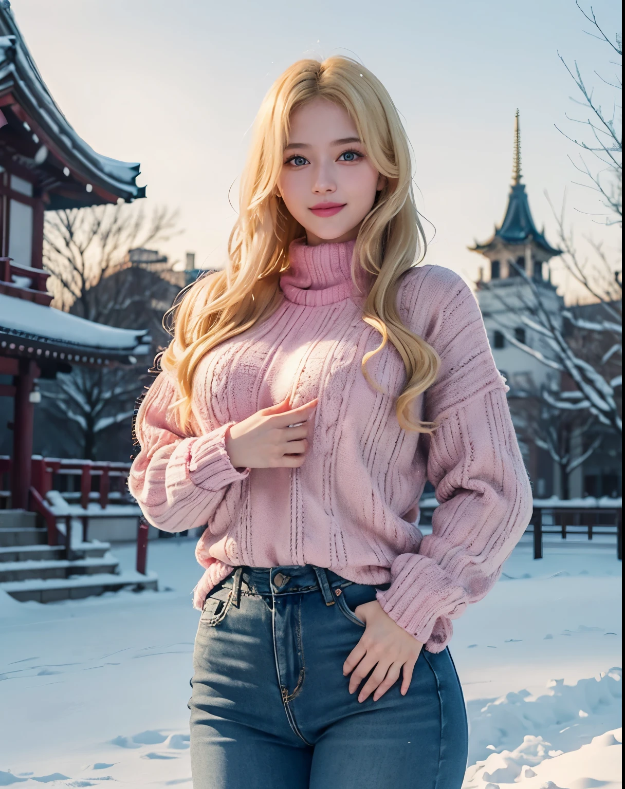 1girl, (Blue Eyes), (smiling :1.2), (Sana Minatozaki), wide hips, big tits, big ass, (Best Quality, 8k, Masterpiece: 1.3), Clear Focus: 1.2, Perfect Body Beauty: 1.4, strong abs, Highly detailed face and skin texture, detailed eyes, double eyelids, (blonde long hair :1.2), sweater, (pink warm sweater :1.3), jeans :1.1, standing, dynamic pose, in a snowy square in Tokyo Japan, snowy temple in the background, blurred background
