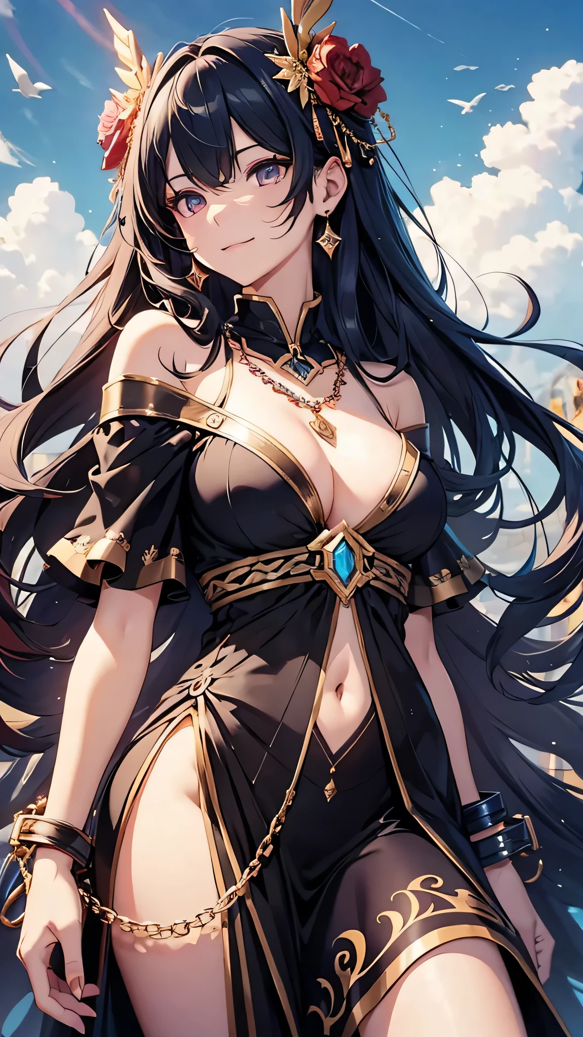 Highest quality、Highest quality、Masterpiece、girl((20-year-old、as soon as、Highest Bust、Medium Bust、Wide open chest、Red glowing eyes、Dark blue hair、Disheveled Hair、Loincloth、thin、The best valley、Open chest、hair ornaments、Full body view、White see-through dress、Random Pause、smile、headphone、Chain Accessories、necklace))、high quality、Beautiful Art、background((Digital World))、Depth((Earth))、flight、Flying Debris、Depth of text、movie、Visual Arts、Perfect Art、8K、Genuine、Special Angles