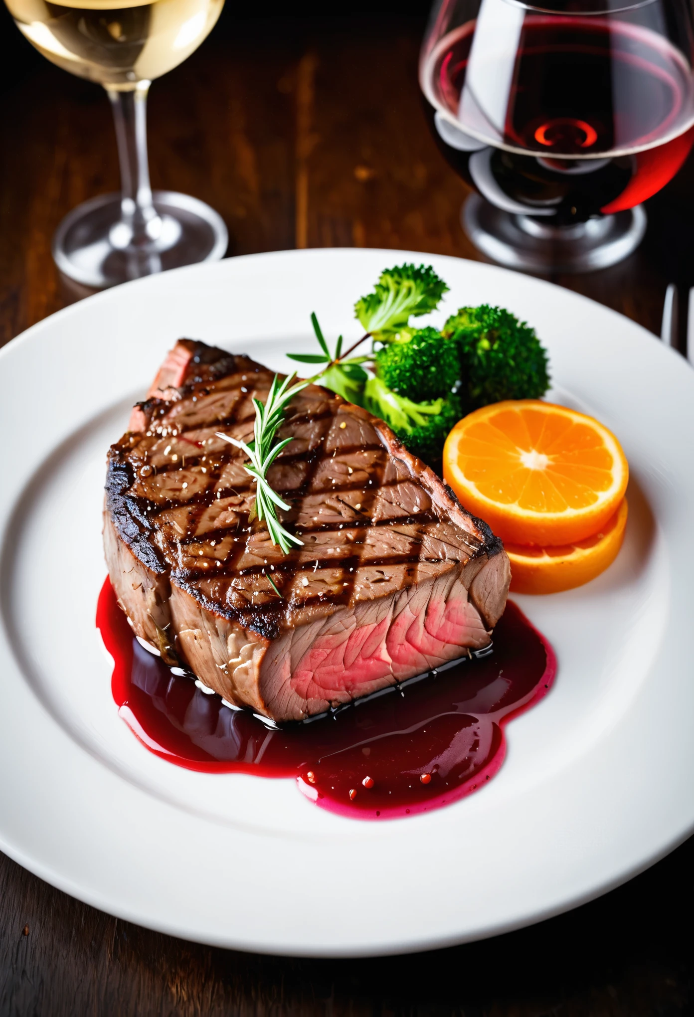 juicy steak cooked to perfection. The steak should be grilled, with visible grill marks and a slightly charred exterior. The interior should be medium-rare, and cut into a few slices , with a warm pink center thats juicy and tender. The steak should be glistening with its natural juices, look mouthwateringly delicious, served on white dinner plate, next to a glass of read wine, high resolution, capture all the tantalizing details.