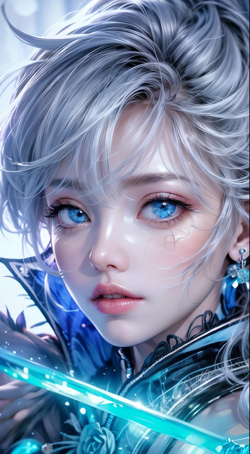 masterpiece, 最high quality, high quality, High resolution, high qualityのテクスチャ, high qualityな影, High detail, Beautiful details, In detail, Highly detailed CGI, Detailed Texture, Realistic facial expression, Realistic, colorful, Cinema Lighting, Side light, Lens flare, Ray Tracing, Beautiful tailed bid muzzle, Beautiful and delicate eyes, White Hair Bubbles crystal Glass Blue rose earrings