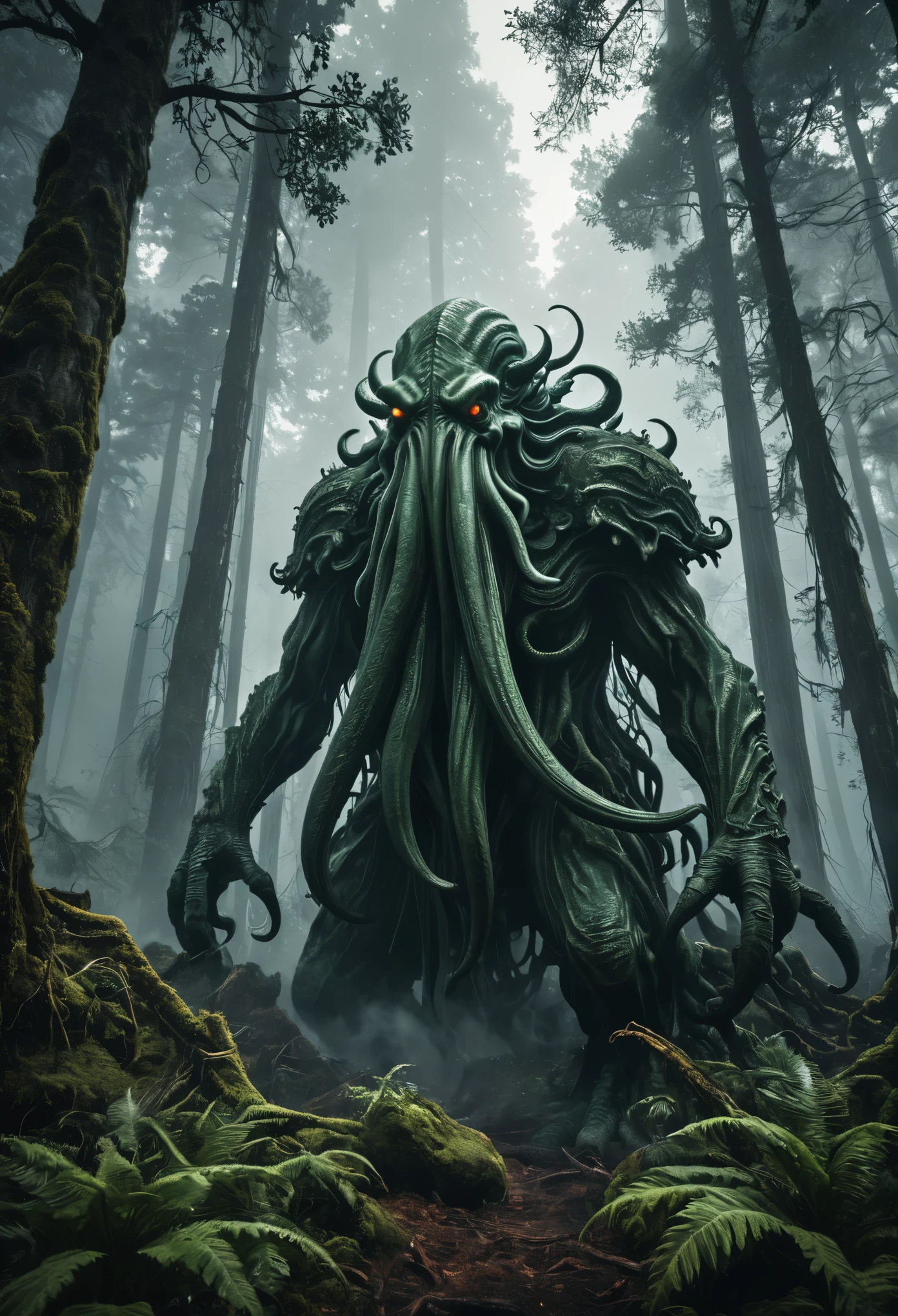 Cthulhu emerging from a large forest , dark fantasy style, in the style of intricate and bizarre illustrations, chaos, destruction, Dense atmospheric, talismans, smoke, morbid, dark, very detailed, dense atmospheric, epic, dramatic, empty, creepy, photorealistic, unreal engine 5 render