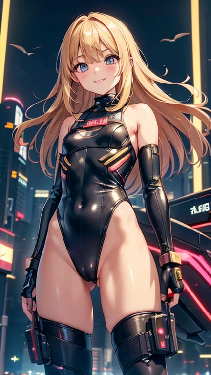 (8k),(masterpiece),(Japanese),(),((innocent look)),((Childish)),From the front,smile,cute,Innocent,Kind eyes,Flat chest,Hairless vagina, Cameltoe,Black Canary Costume,semi-long,Hair blowing in the wind,Blonde Hair,Strong wind,night,dark, Neon light cyberpunk city