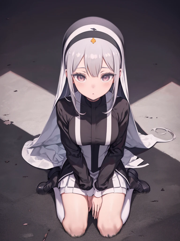 Anime girl sitting on the ground,Cross in hand, Anime girl in Nuns costume, gapmoe yandere, Gapmoe Yandere Grimdark, Anime Maid SS Military, Anime Moe Art Style, Enchanting anime girl, Female Action Anime Girl, Nuns, Danganronpa digital art, black, Nuns outfit, UFOTABLE art style