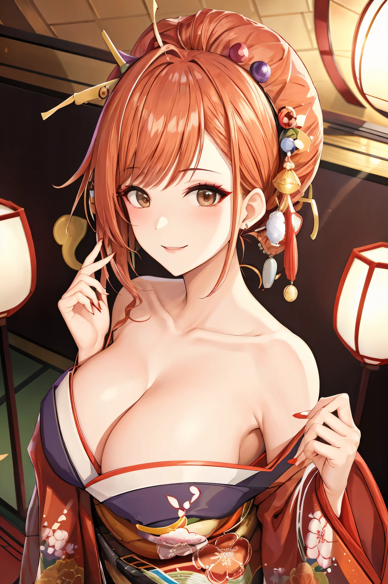 arisugawa natusha, orange hair, 4K, Masterpiece, highres, absurdres, natural volumetric lighting and best shadows, smiling, deep depth of field, soft delicate beautiful attractive face, beautiful edgOiran_woman, a woman in a kimono posing for a picture, cleavage, huge breasts, perfect edgOiran_face, perfect edgOiran_body, edgOiran_makeup, edgOiran_hairstyle