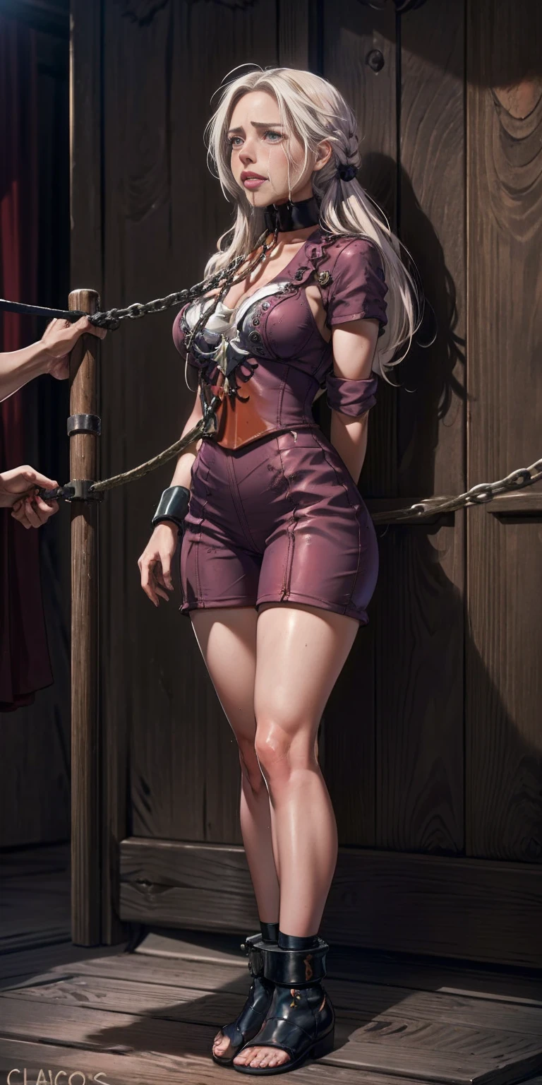 (masterpiece, best quality), intricate details, 1girl, 1girl in, age19, Solo, Long hair, Colossal, Looking at Viewer, whitish silver hair (standing full body toe to head by wooden pole:1.2) iron collar, arms behind back, iron cuffs, shackles, bound, bondage outfit, harness, o-ring, bondage outfit blindfolded, happy red cheeks, chain leash collar choker neck bell shackles wristbands bracers bracelets, cleave gag, sad face, red cheeks, crying tears, painful (she was sold and betrayed by her own family) BSDM BALLGAG