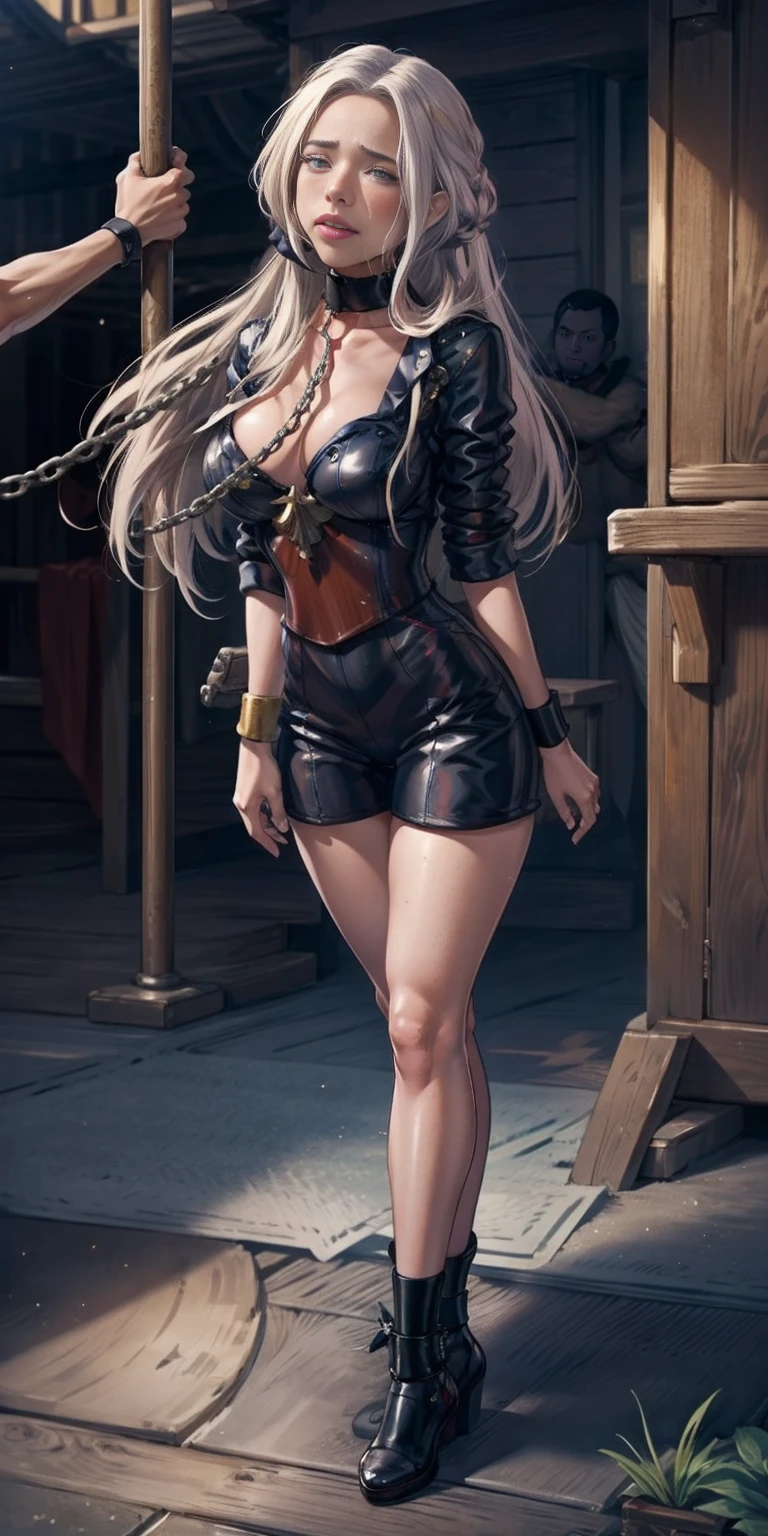 (masterpiece, best quality), intricate details, 1girl, 1girl in, 19, Solo, Long hair, Colossal, Looking at Viewer, whitish silver hair (standing full body toe to head by wooden pole:1.2) iron collar, arms behind back, iron cuffs, shackles, bound, bondage outfit, harness, o-ring, bondage outfit blindfolded, happy red cheeks, chain leash collar choker neck bell shackles wristbands bracers bracelets, cleave gag, sad face, red cheeks, crying tears, painful (she was sold and betrayed by her own family) BSDM BALLGAG