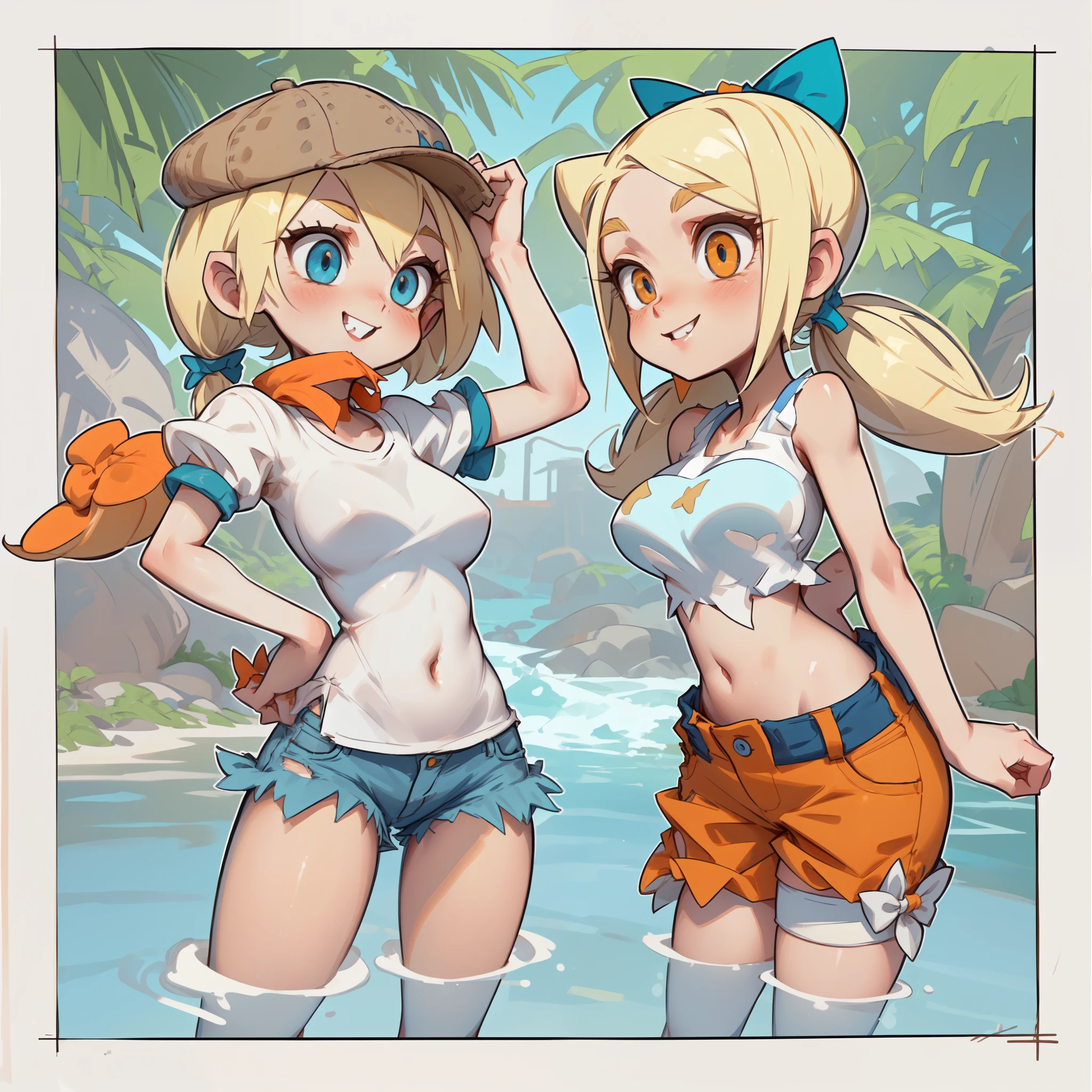 [Twitch and Vinegar], ((masterpiece)), ((HD)), ((high res)), ((duo portrait)), ((waist up)), ((front view)), ((detailed shading)), ((intricate details)), {attractive girls, (smooth skin), (yellow hair), (girl on left has short hair), (girl on right has large pigtails), (girl on left has cute blue eyes), (girl on right has cute red eyes), (curvy hips), (defined muscles), (cute smile), (white teeth)}, {(girl on left white t-shirt with jean shorts), (girl on left has brown ivy cap), (girl on right has crop top with orange shorts), (girl on right has a giant blue bow)}, {(standing on sand), (looking at viewer)}, [background; (beach), (beautiful ocean), (blue sky), (sun rays)]