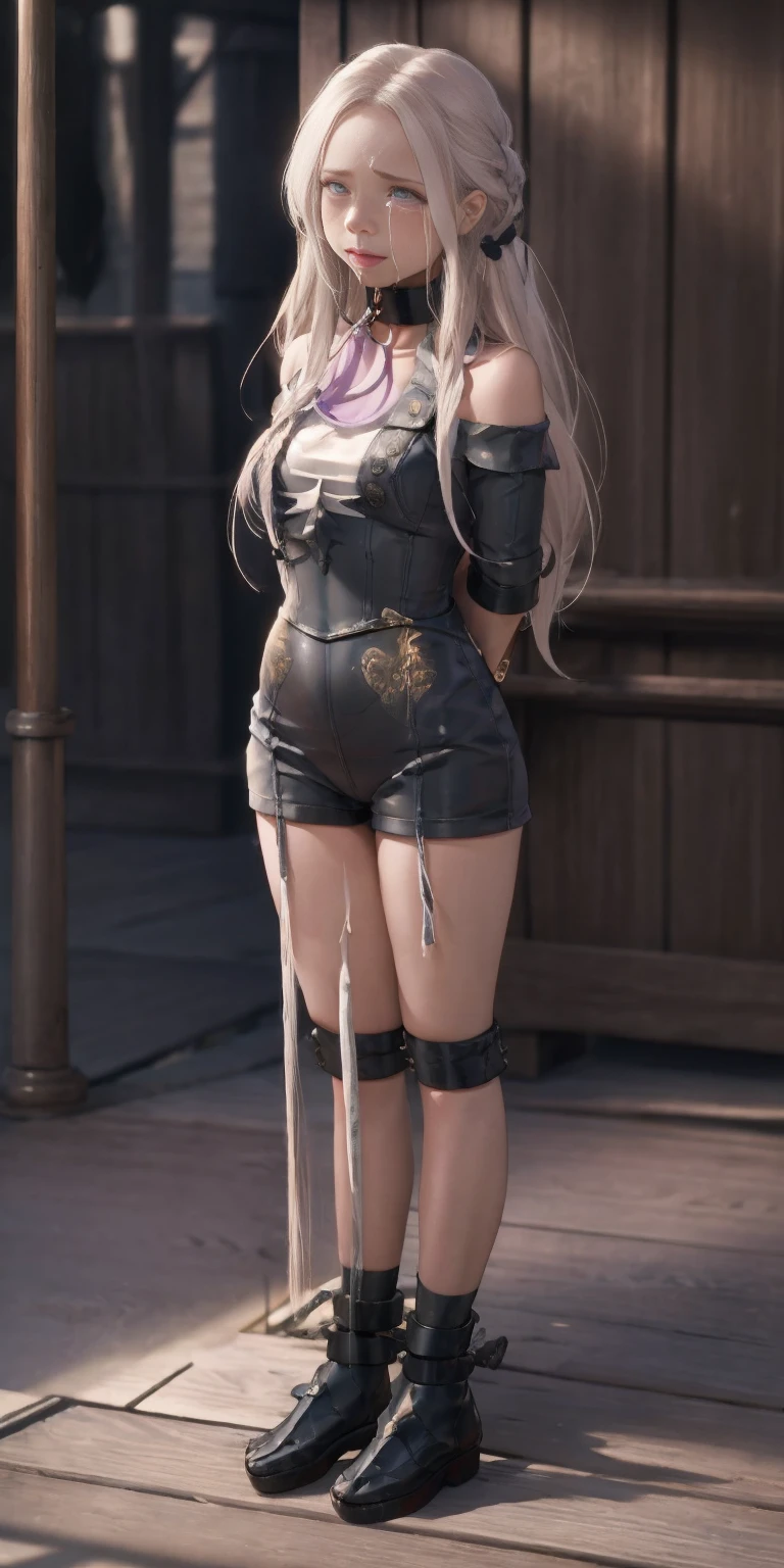 (masterpiece, best quality), intricate details, 1girl, 1girl in, age19, Solo, Long hair, Colossal, Looking at Viewer, whitish silver hair (standing full body toe to head by wooden pole:1.2) iron collar, arms behind back, iron cuffs, shackles, bound, bondage outfit, harness, o-ring, bondage outfit blindfolded, happy red cheeks, chain leash collar choker neck bell shackles wristbands bracers bracelets, cleave gag, sad face, red cheeks, crying tears, painful (she was sold and betrayed by her own family) BSDM BALLGAG