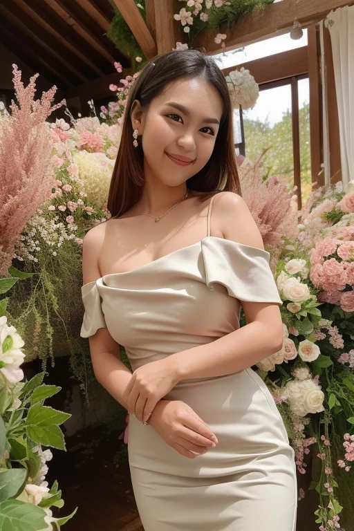 Best quality, masterpiece, ultra high res, (photorealistic:1.4), raw photo, 1girl, white dress, off shoulder, blossom flower field, glowing skin, light smile
