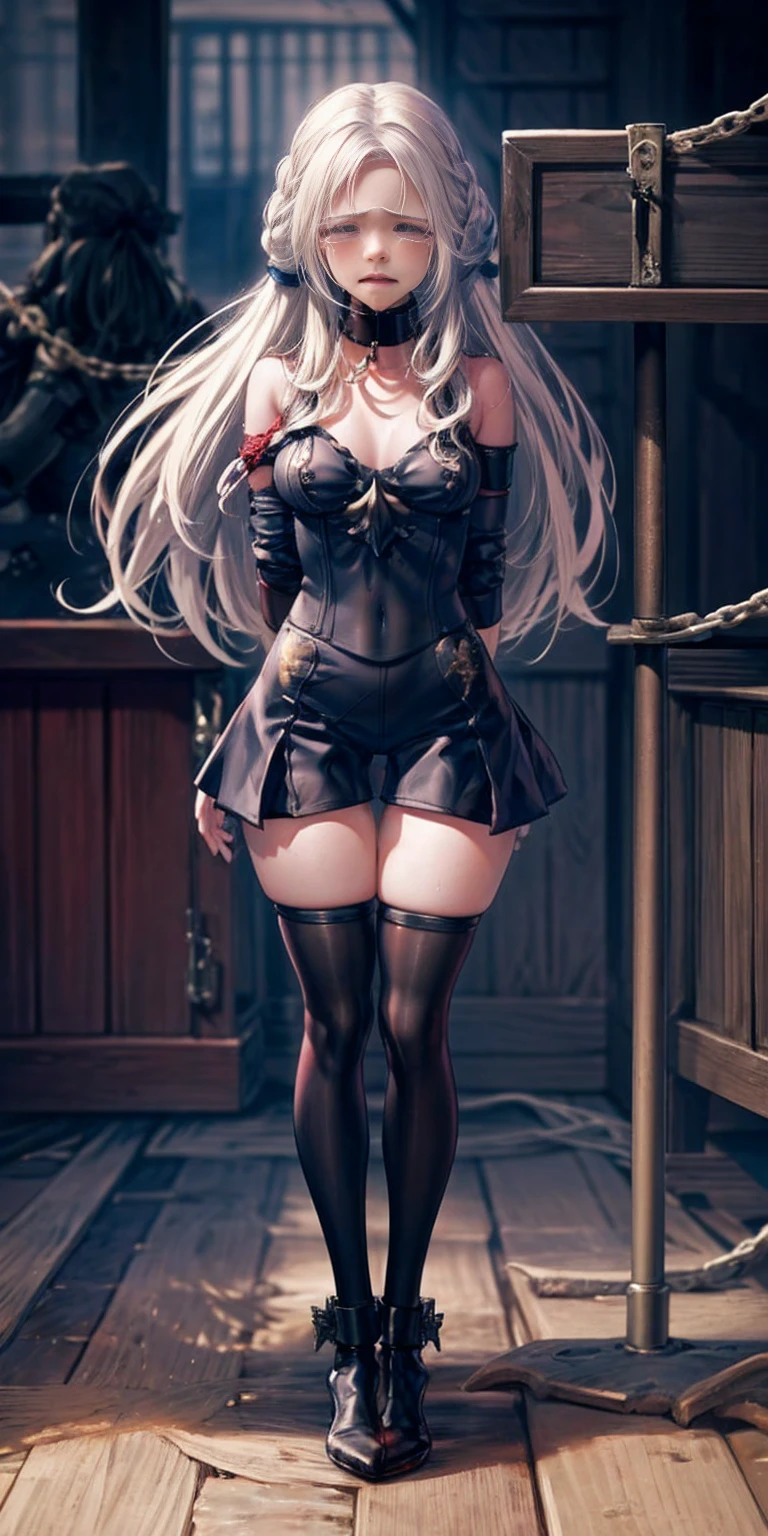 (masterpiece, best quality), intricate details, 1girl, 1girl in, age19, Solo, Long hair, Colossal, Looking at Viewer, whitish silver hair (standing full body toe to head by wooden pole:1.2) iron collar, arms behind back, iron cuffs, shackles, bound, bondage outfit, harness, o-ring, bondage outfit blindfolded, happy red cheeks, chain leash collar choker neck bell shackles wristbands bracers bracelets, cleave gag, sad face, red cheeks, crying tears, painful (she was sold and betrayed by her own family) BSDM BALLGAG