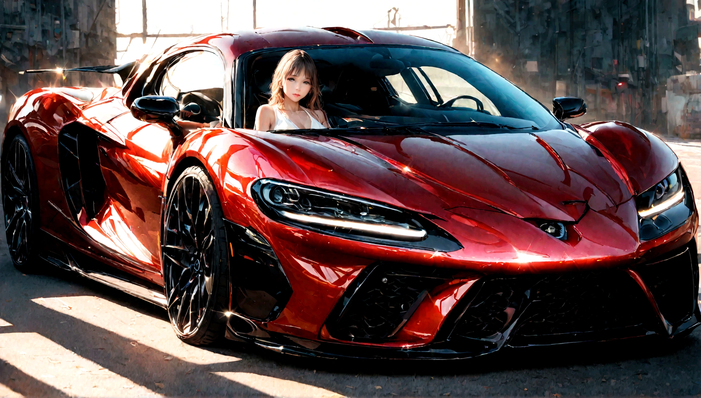 a beautiful girl in a tight dress posing next to a superdeportive car, hyper realistic, 8k, cinematic lighting, detailed facial features, photorealistic, volumetric lighting, dramatic shadows, highly detailed, intricate details, stunning, exquisite, flawless skin, elegant pose, impeccable fashion, glossy car paint, smooth metallic reflections, depth of field, cinematic framing