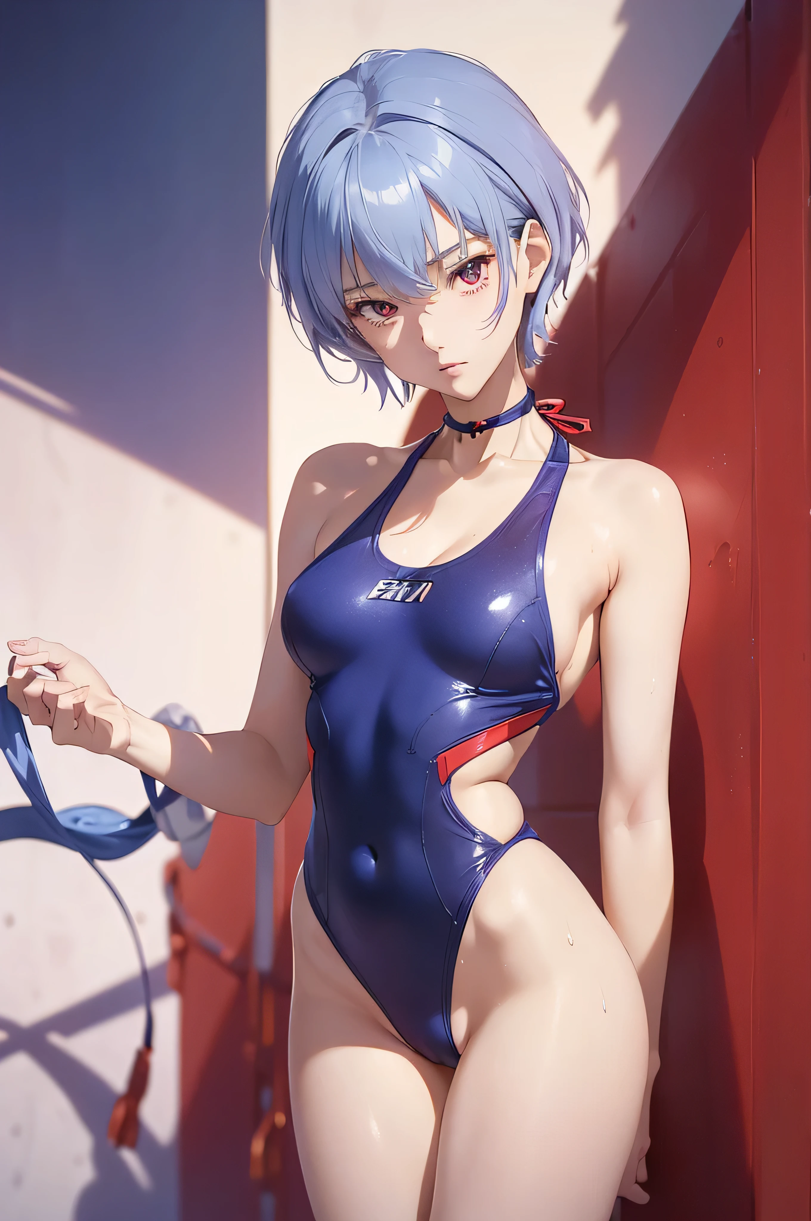 (masterpiece, highest quality, Super detailed, 8k, wallpaper, Realistic), ((Perfect hands)), ((Perfect Anatomy)), Medium cleavage, Long, round legs, Round ass, ((Attractive anime girl)), ((Rei Ayanami)), ((Capturing her ethereal beauty with pale wet skin, Wet short indigo hair)), ((Bright crimson eyes with a mysterious depth)), ((Pale blue or white one-piece swimsuit, Swimwear should be simple and elegant, With a high neckline and a discreet yet flattering cut, NERV logo and、Evangelion-themed designs, etc.、Subtle details can be incorporated as accents, To pay tribute to her character)), ((Close-up shot)), ((Dynamic Background)), ((Sensual pose))