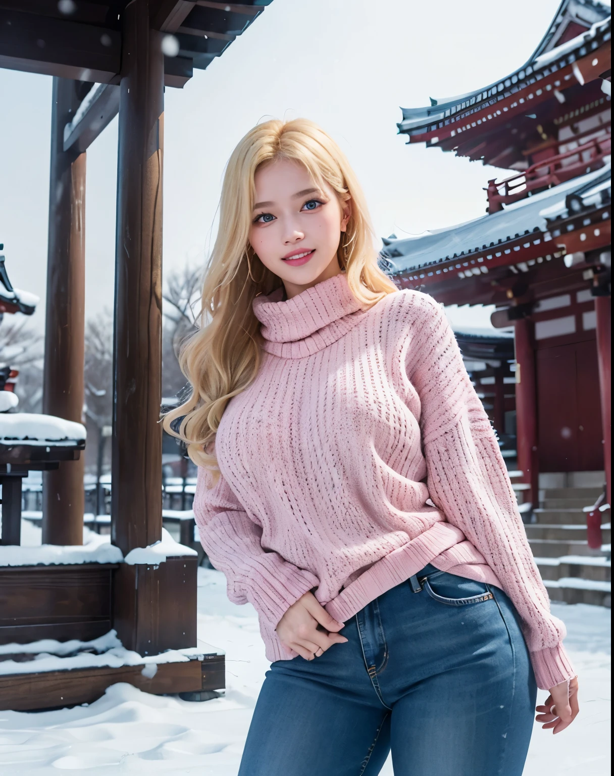 1girl, (Blue Eyes), (smiling :1.2), (Sana Minatozaki), wide hips, big tits, big ass, (Best Quality, 8k, Masterpiece: 1.3), Clear Focus: 1.2, Perfect Body Beauty: 1.4, strong abs, Highly detailed face and skin texture, detailed eyes, double eyelids, (blonde long hair :1.2), sweater, (pink warm sweater :1.3), jeans :1.1, standing, dynamic pose, in a snowy square in Tokyo Japan, snowy temple in the background, blurred background