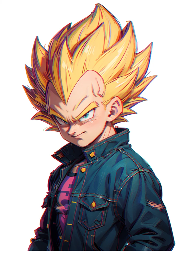 1man, solo, (masterpiece), best quality, ultra-detailed, Vegeta from Dragon Ball Z, super saiyan hair, Retro style, full body. fashion cloth, purple jean jacket, fancy, portrait, upper body, face detail, eyes detail: 1.3, simple background, green eyes, pink shirt, white background.
