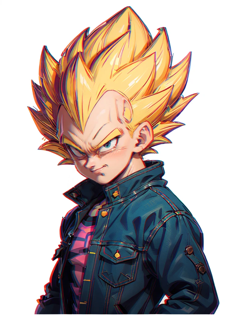 1man, solo, (masterpiece), best quality, ultra-detailed, Vegeta from Dragon Ball Z, super saiyan hair, Retro style, full body. fashion cloth, purple jean jacket, fancy, portrait, upper body, face detail, eyes detail: 1.3, simple background, green eyes, pink shirt, white background.
