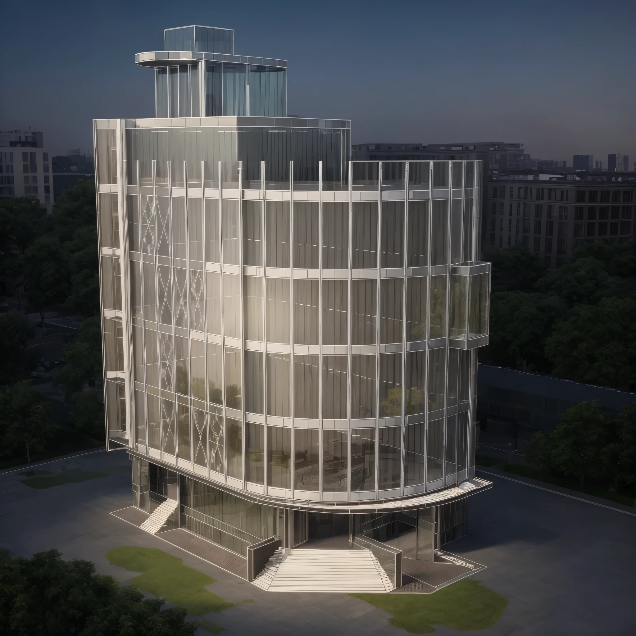 masterpiece, exterior, 5 stories office building, glass facade, street perspective view, 4k, beautifly, modern style, great inside lighting, trees, beautiful landscape surounding