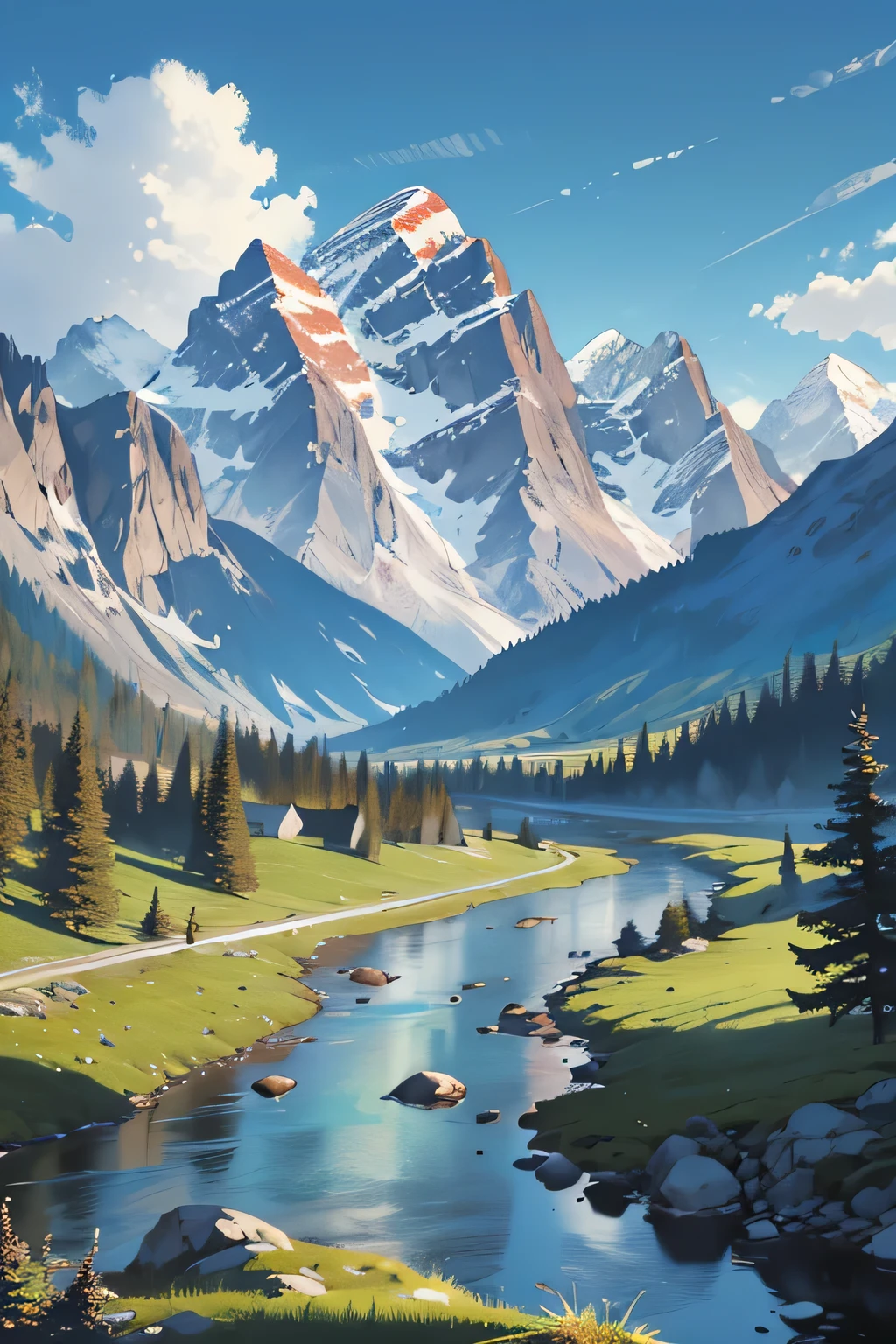 ((Best quality)), ((masterpiece)), (detailed), Mountain landscape,Mountains,River