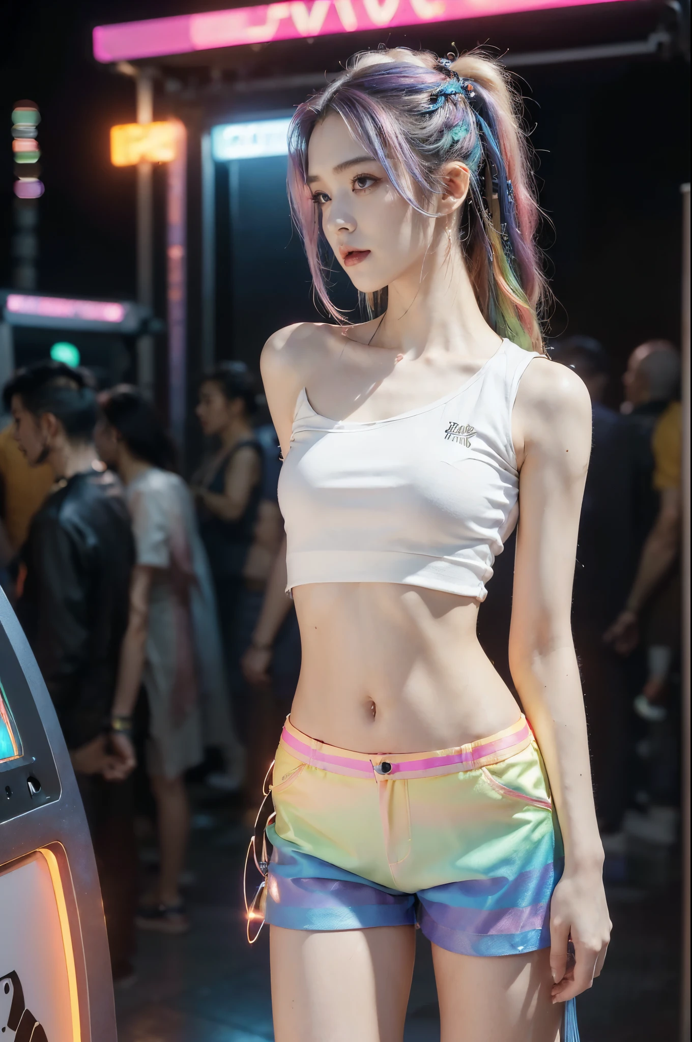 ((((8k))),((Extremely meticulous CG)) ,(wallpaper),16k,((Extremely refined and beautiful)),(((Masterpiece))),(((best qualtiy))),(((Ultra High Resolution))),beautiful light up,Perfect lightning,realistic shaded,(Smooth and flawless skin:1.5),(Extremely exquisite facial details:1.2),(perfect body:1.2),(ultra-detailed),((A beautiful girl,solo)),(small head:1.2),(pale skin:1.3),(shoulder length straight bob hair:1.2),(rainbow color hair:1.3),(small face:1.2),(baby face:1.3),(Exquisite makeup:1.2),(blush:1.3),(small breasts:1.2),(flat chest:1.3),((slim,thin)),(laughing:1.2),(short sleeves:1.2),(laser shirt:1.5),(shoulder off:1.3),(navel:1.3),(laser shorts:1.5),(indoor:1.2),(summer:1.3),(detailed background:1.5),(Standing:1.3),(Beside the arcade machine:1.3),(arms behind back:1.3),(full body:1.3),(from front:1.3),(In the game center:1.5),(colorful neon lights:1.3),(cyberpunk style:1.3),(night scene:1.5),(lively atmosphere:1.3),(surrounded by crowded crowds:1.3)