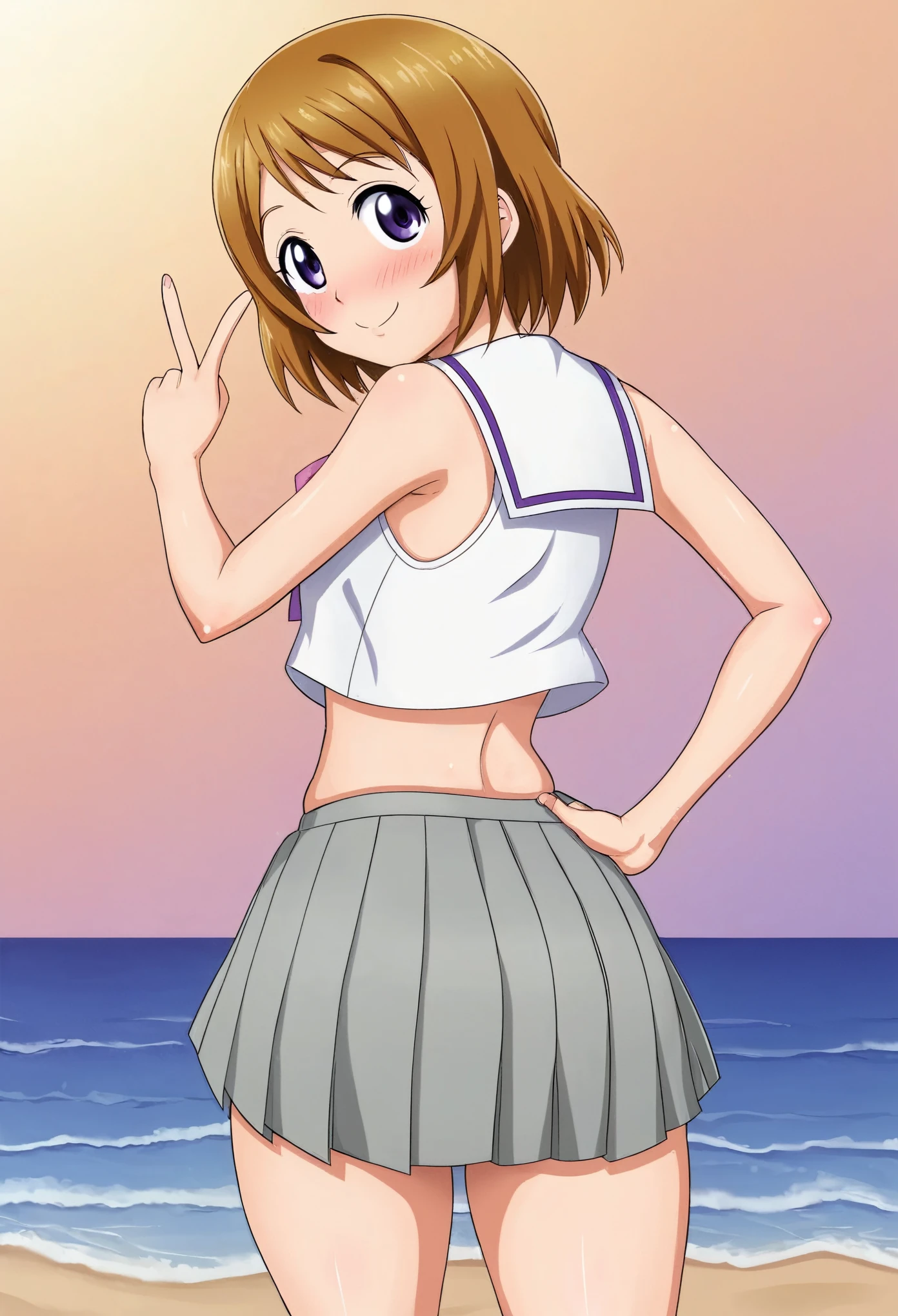 Masterpiece, best quality, 80's anime style,solo , Hanayo Koizumi,purple eyes,blush, smile, skirt, sleeveless, pleated skirt, looking back, serafuku, grey skirt, white top, uranohoshi ,beach, thighs, skindentation , V , shy pose, from behind ,hand on hip