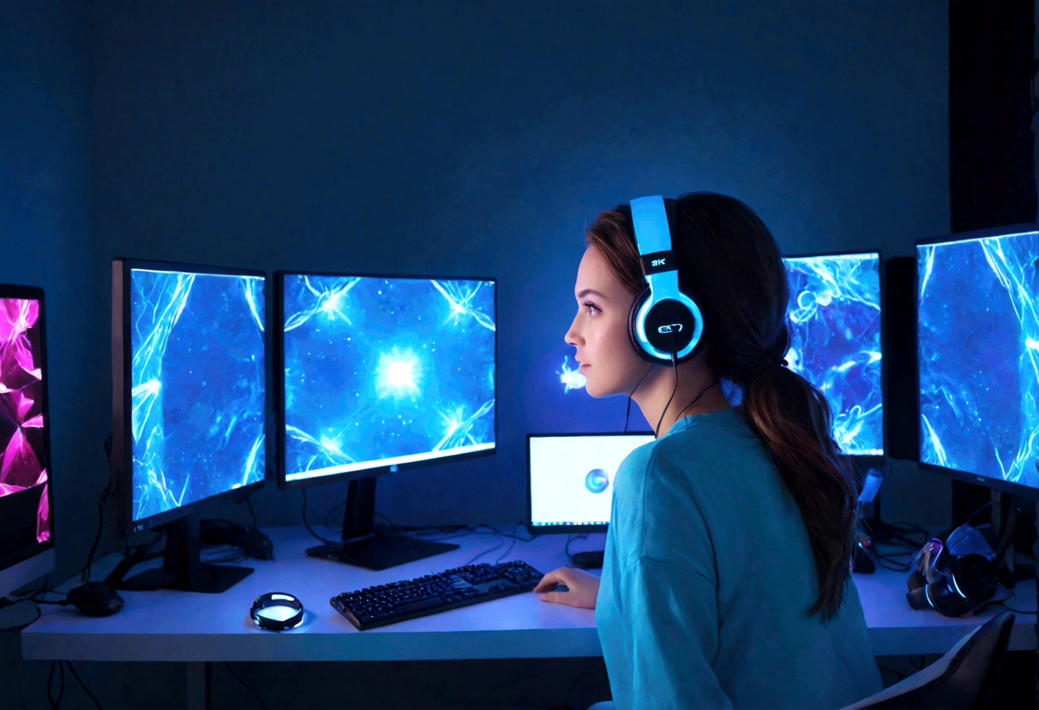 A gaming PC, a room bright with LED lights, a female gamer, a simple and cute room, a beautiful and cute woman using a PC, a woman, ((PC monitors are only 1 horizontal and 1 vertical) ), blue and white theme, the room has white walls and blue LED lights on the four corners of the room, there is a woman from behind in the center of the screen, 8k, super sharp focus, (((For women Screen ratio Raise))), woman looking at a PC from behind in the center, headphones, microphone, neon lights, black lights, masterpiece, top quality, volume lighting, bright and fun atmosphere,