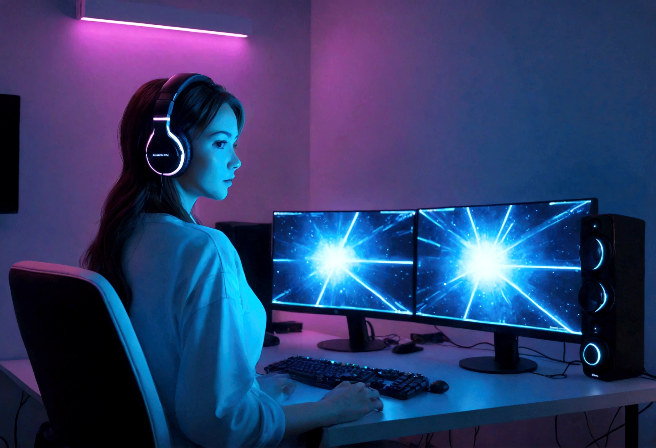 A gaming PC, a room bright with LED lights, a female gamer, a simple and cute room, a beautiful and cute woman using a PC, a woman, ((PC monitors are only 1 horizontal and 1 vertical) ), blue and white theme, the room has white walls and blue LED lights on the four corners of the room, there is a woman from behind in the center of the screen, 8k, super sharp focus, (((For women Screen ratio Raise))), woman looking at a PC from behind in the center, headphones, microphone, neon lights, black lights, masterpiece, top quality, volume lighting, bright and fun atmosphere,