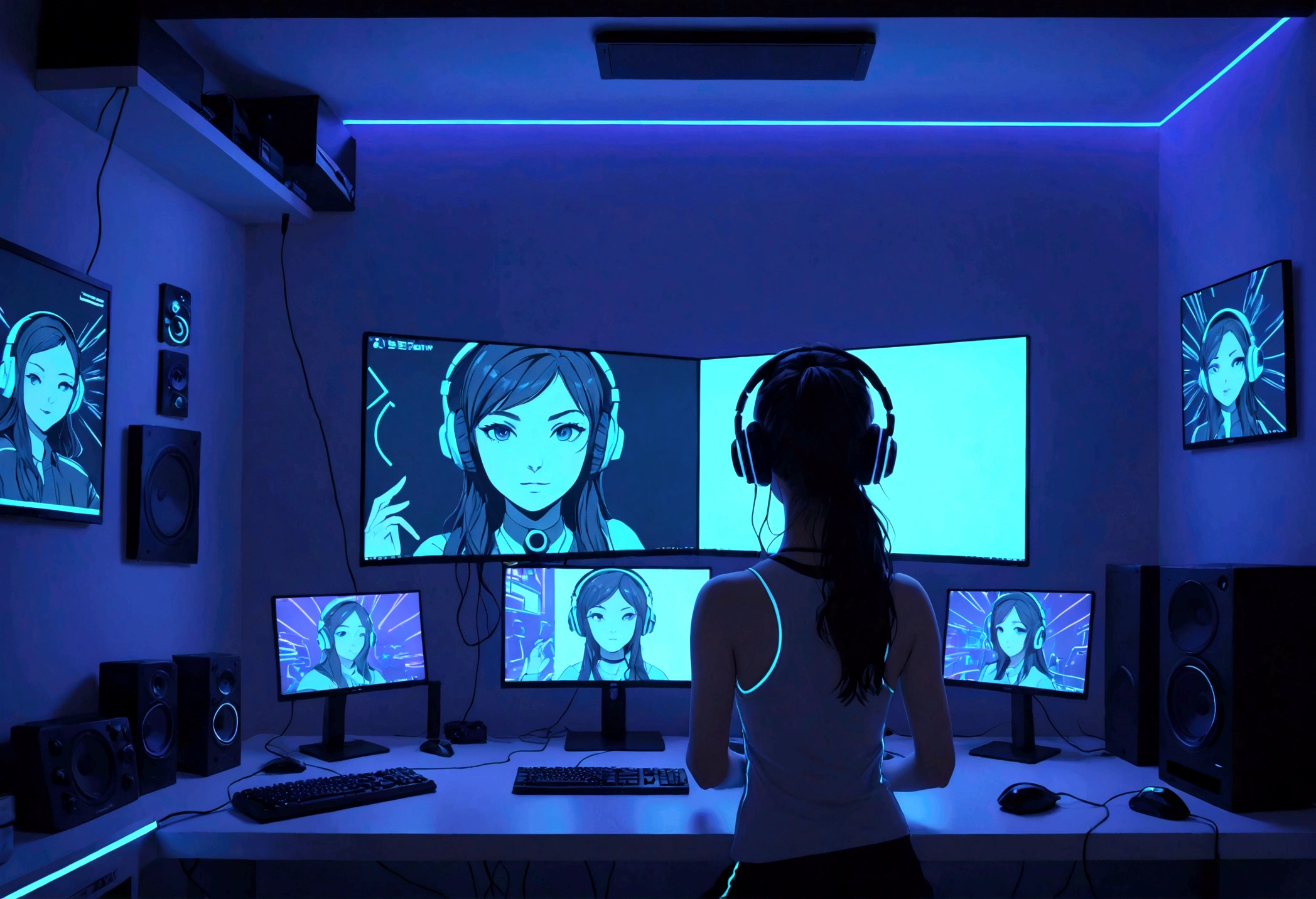 A gaming PC, a room bright with LED lights, a female gamer, a simple and cute room, a beautiful and cute woman using a PC, a woman, ((PC monitors are only 1 horizontal and 1 vertical) ), blue and white theme, the room has white walls and blue LED lights on the four corners of the room, there is a woman from behind in the center of the screen, 8k, super sharp focus, (((For women Screen ratio Raise))), woman looking at a PC from behind in the center, headphones, microphone, neon lights, black lights, masterpiece, top quality, volume lighting, bright and fun atmosphere,