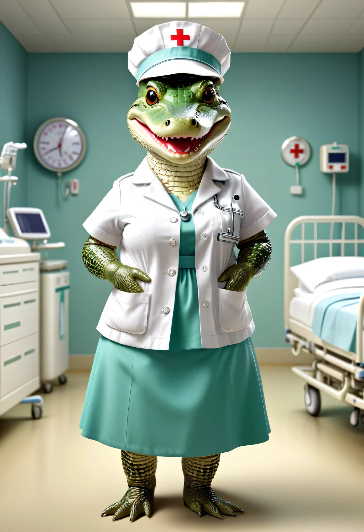 photorealistic portrait of Dressed animals - a ((fat)) baby crocodile nurse,(elegant pose:1.2),(hands in pockets:1.5), (elegant smile:1.2),(),high quality,(lovely) ,intricate details, highly detailed (( nurse costume)), wearing nurse cap and skirt , highly detailed medical equipment , (happy), perfect room lighting,(full body image:1.5),(hospital background:2.0)