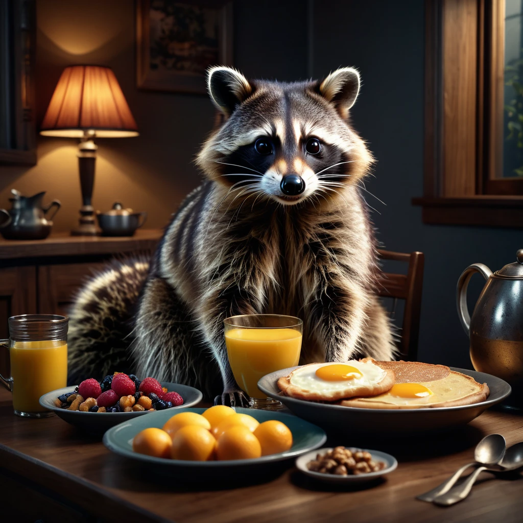 Raccoon with big breakfast, at Home background, detailed realistic raccoon, detailed photorealistic raccoon, highly detailed, 8k, hyperrealistic, cinematic lighting, dramatic lighting, mood lighting, dark moody atmosphere, warm colors, vivid colors, intricate Details, award-winning photography, stunning visual effects