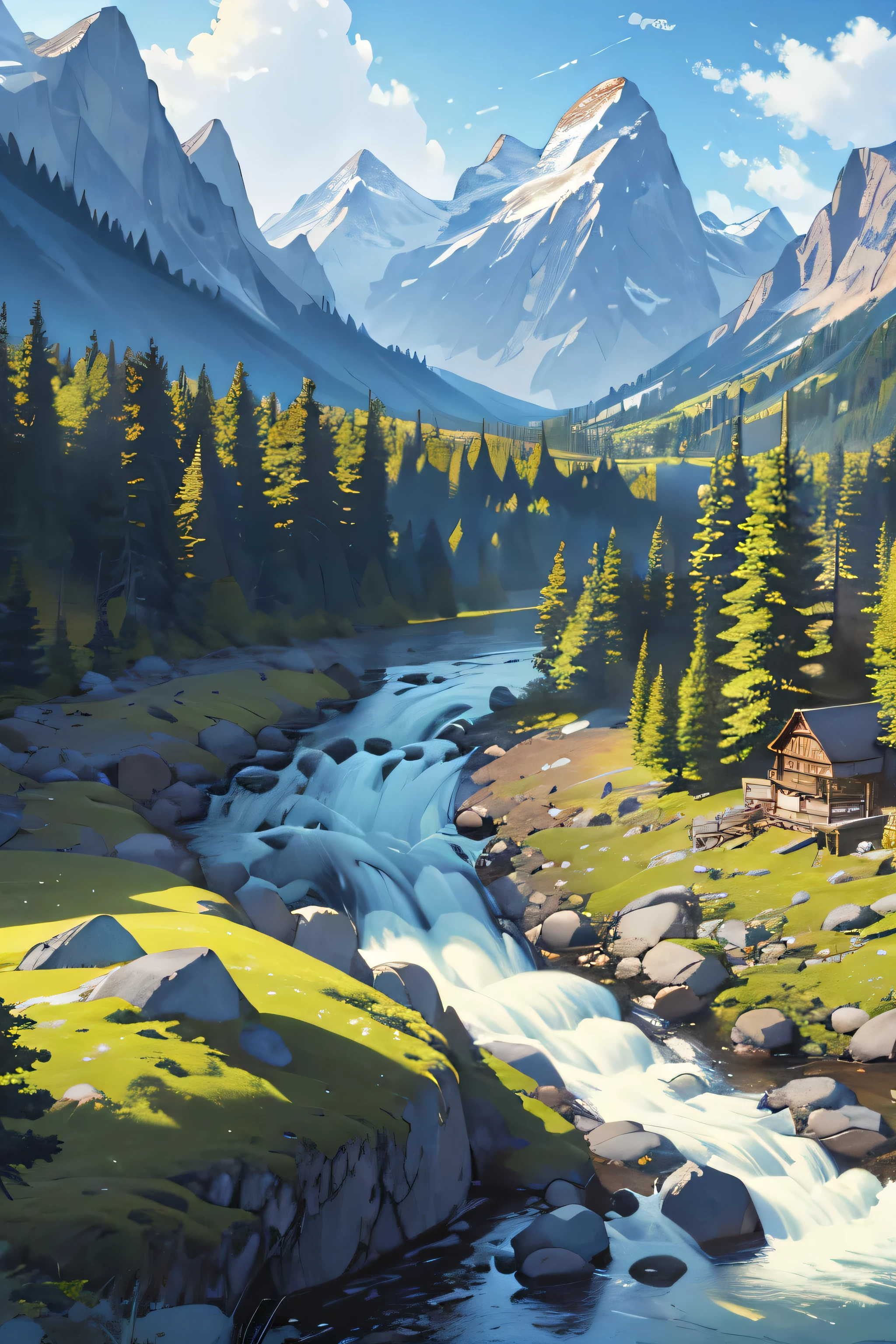 ((Best quality)), ((masterpiece)), (detailed), Mountain landscape,Mountains,River